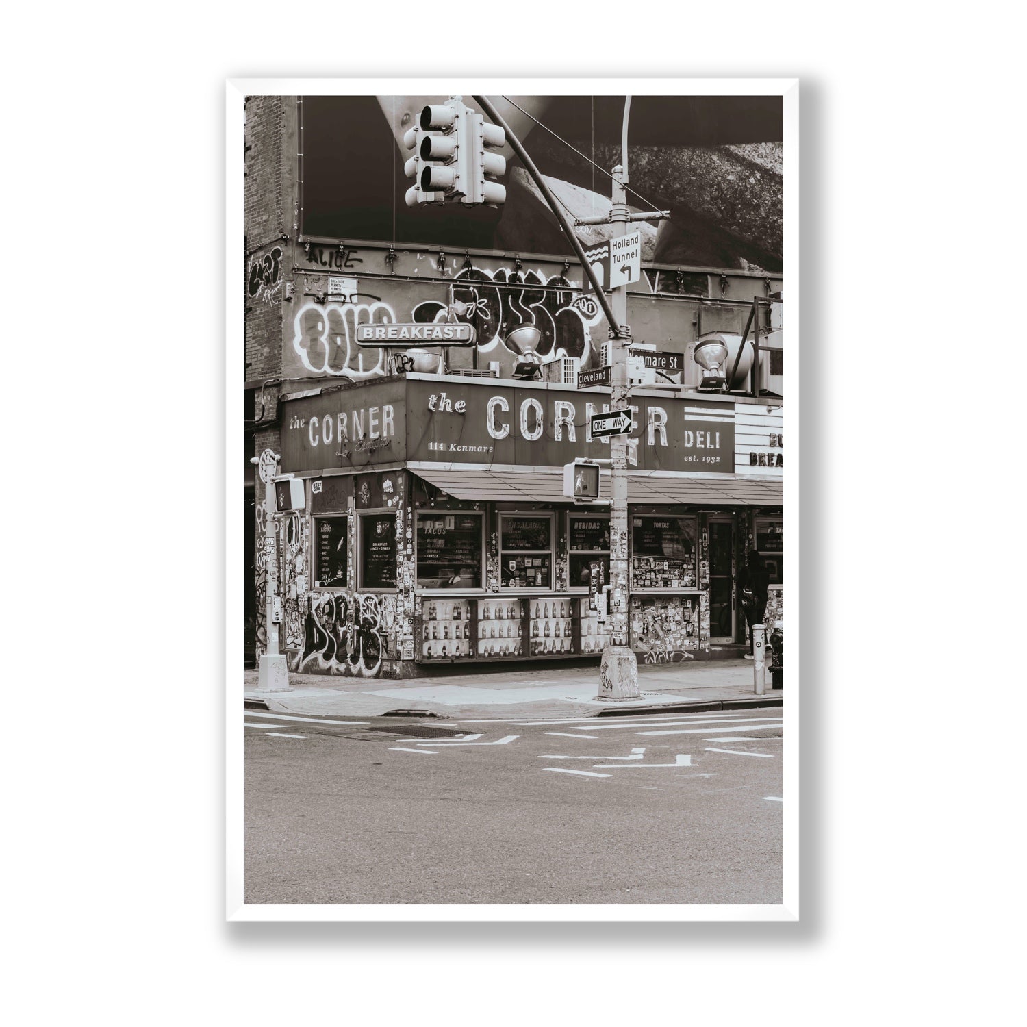 Soho Deli New York NYC Black & White wall art Statement full-bleed fine art print in white frame