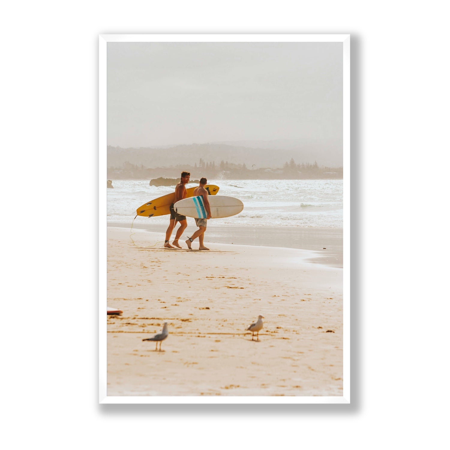 Shane & Benji Byron Bay Surf coastal wall art Statement full-bleed fine art print in white frame