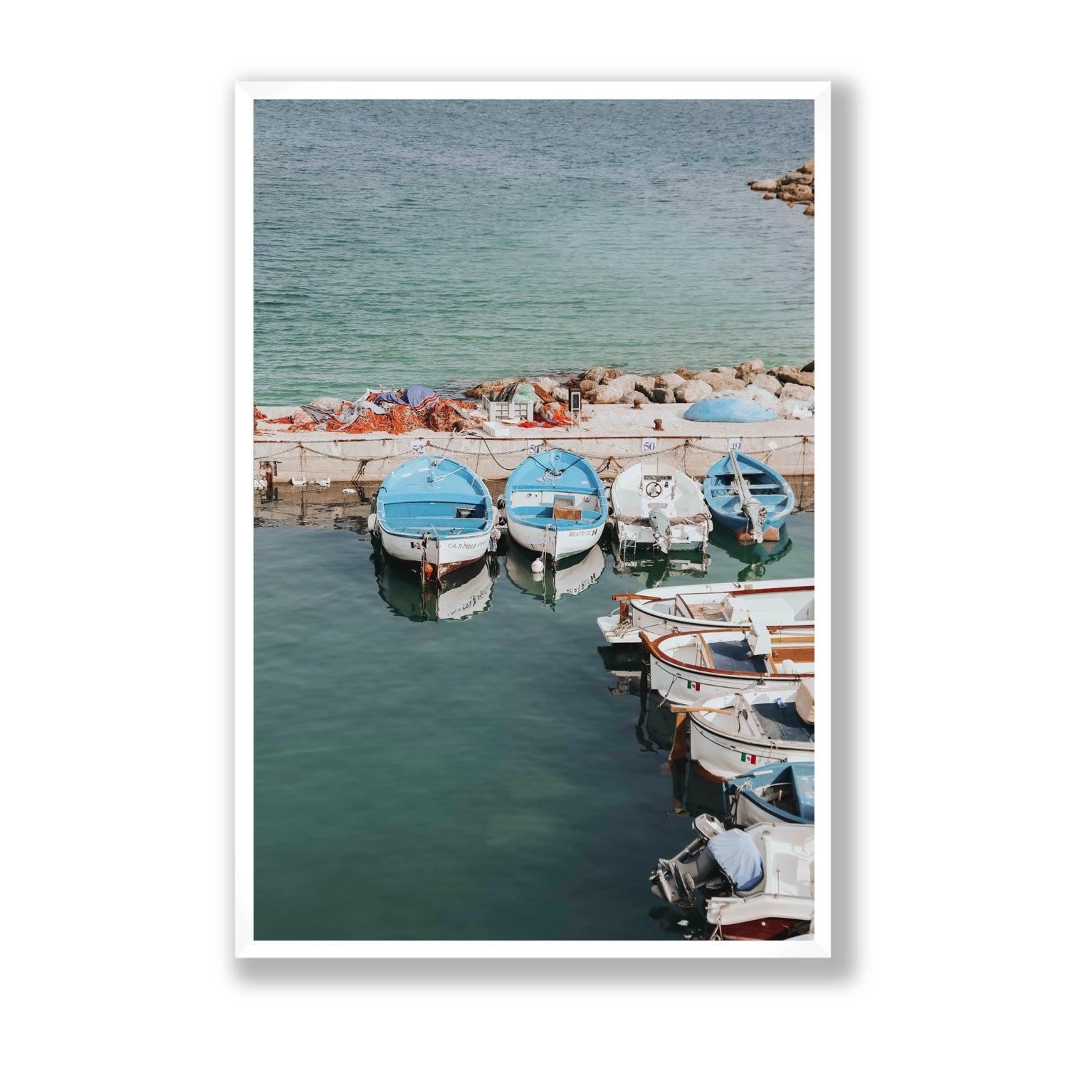 Maritime Memories Puglia Harbour Reflections coastal wall art Statement full-bleed fine art print in white frame