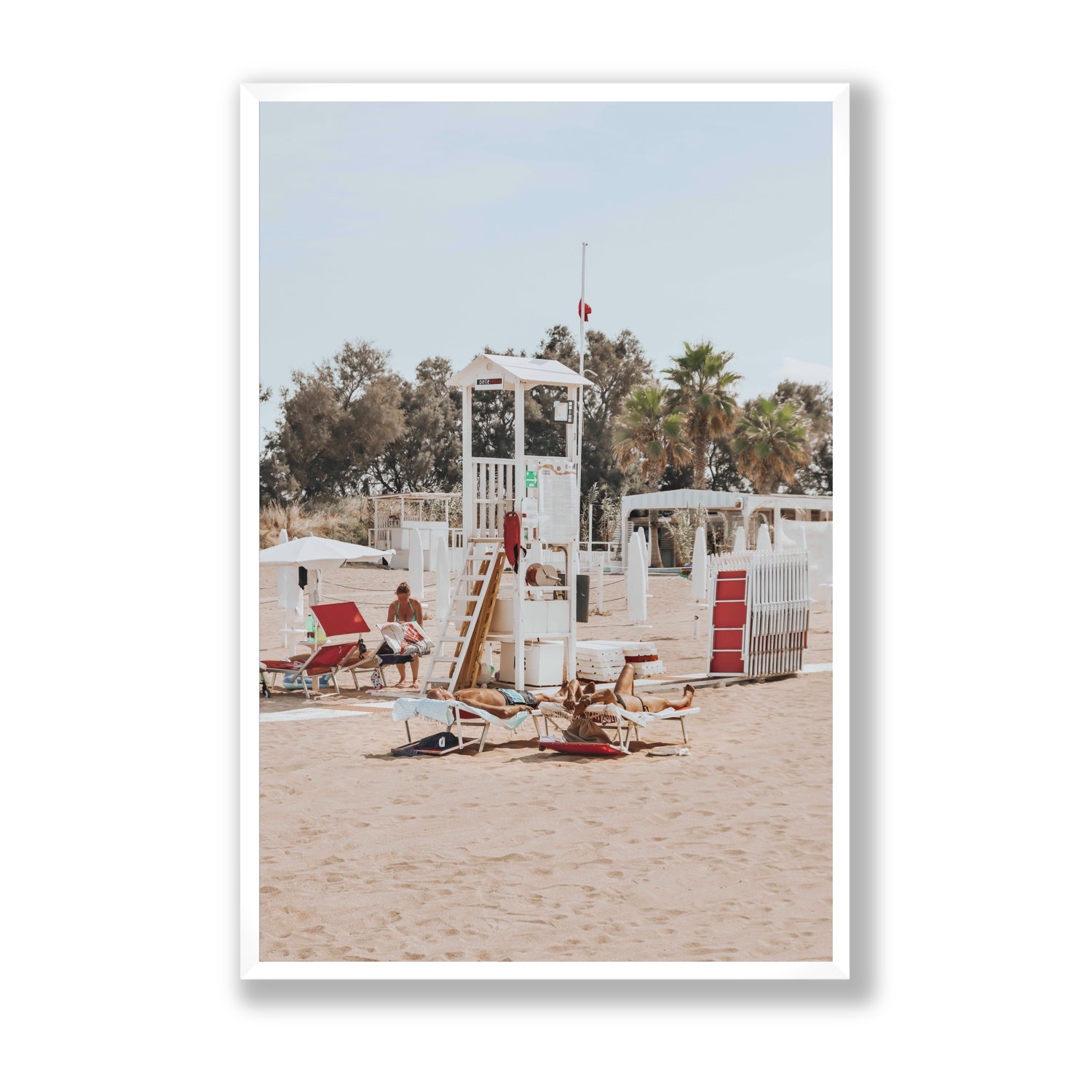Red Lounge Reverie Puglia beach coastal wall art Statement full-bleed fine art print in white frame