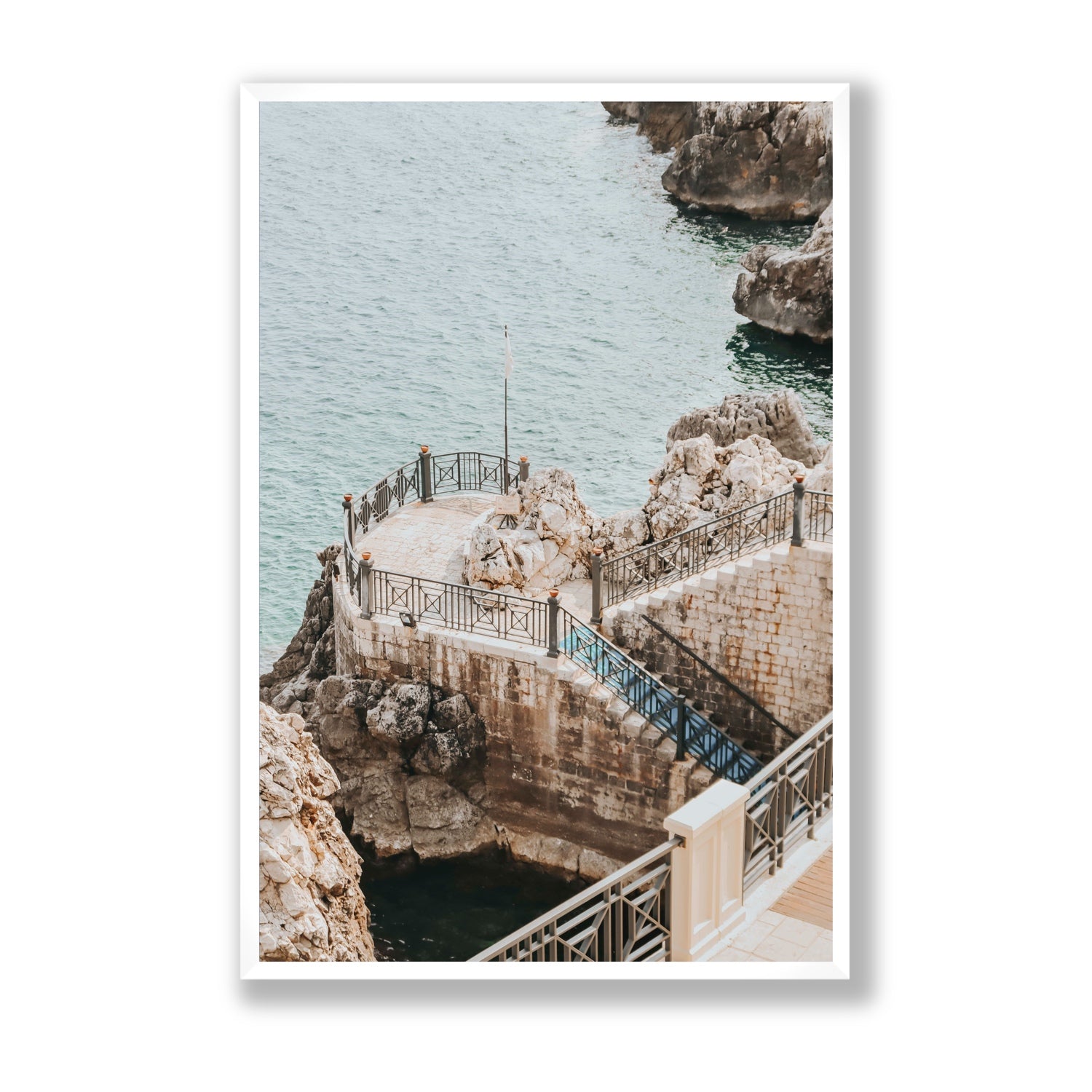 Tidal Staircase Puglia coastal Italian wall art Statement full-bleed fine art print in white frame