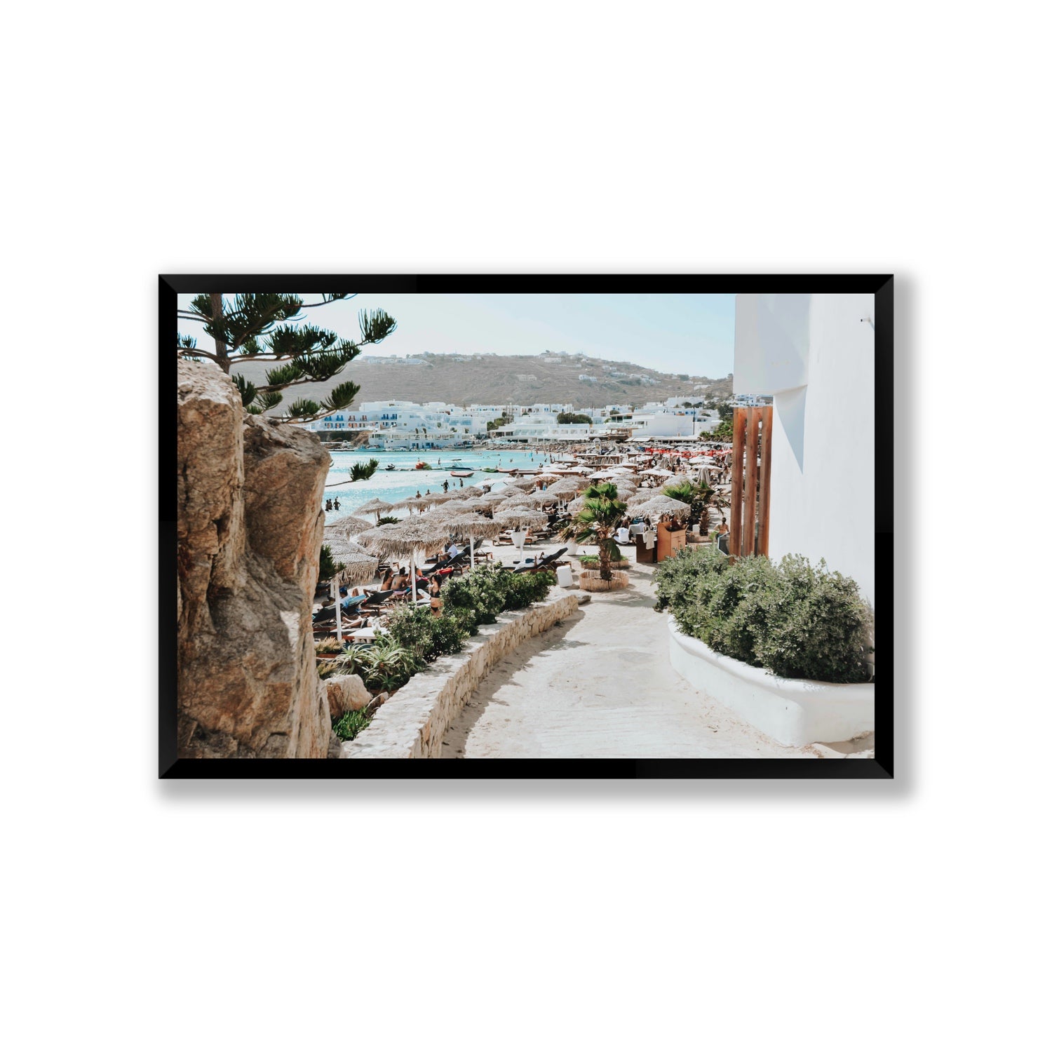 Kalimera Mykonos Greek island wall art Giant full-bleed fine art print in black frame