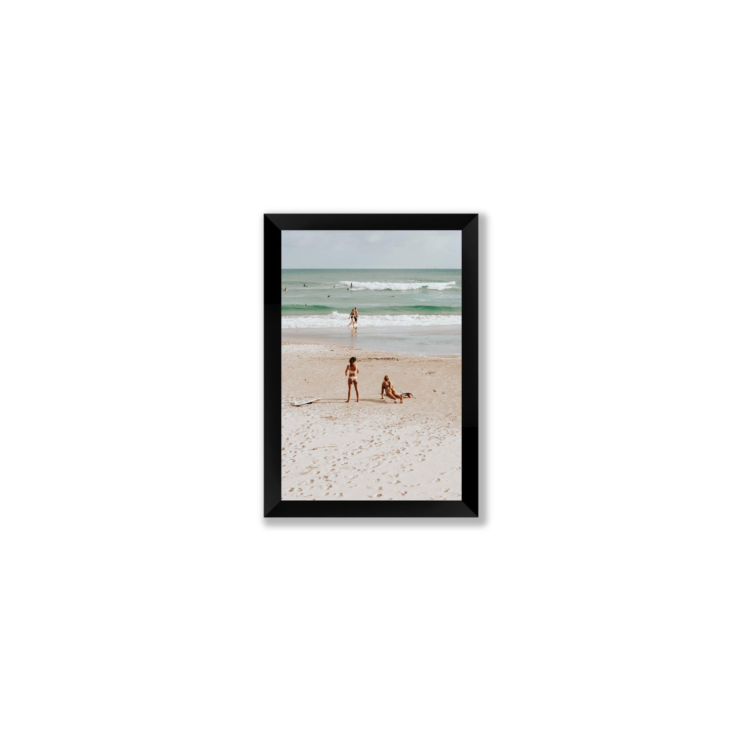 Gidget & Betty Byron Bay beach coastal wall art Small full-bleed fine art print in black frame
