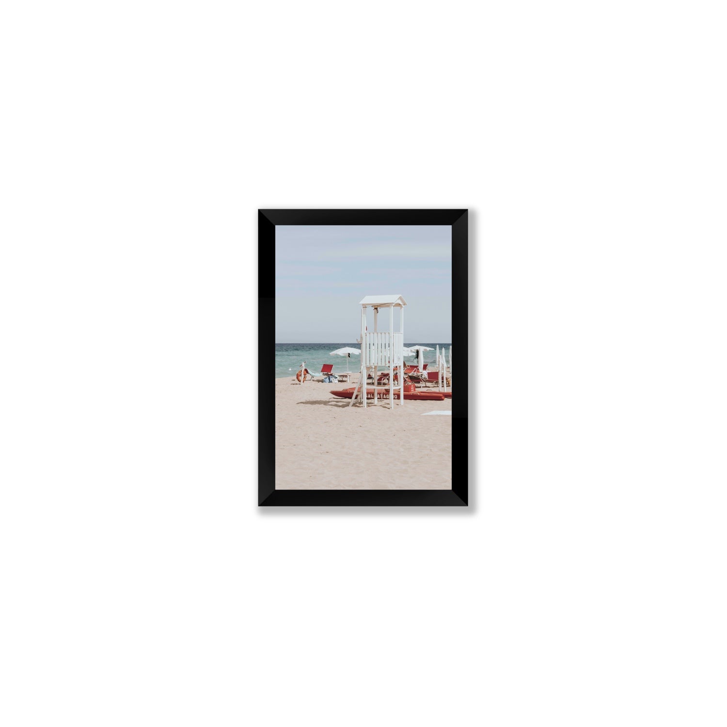 Barefoot Bliss Puglia beach Italian coastal decor wall art Small full-bleed fine art print in black frame