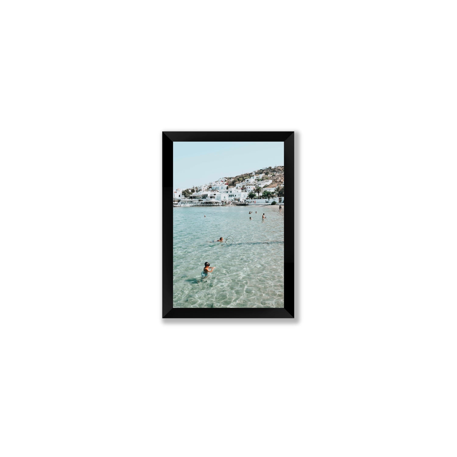Beside The Seaside Mykonos beach Greek island wall art Small full-bleed fine art print in black frame