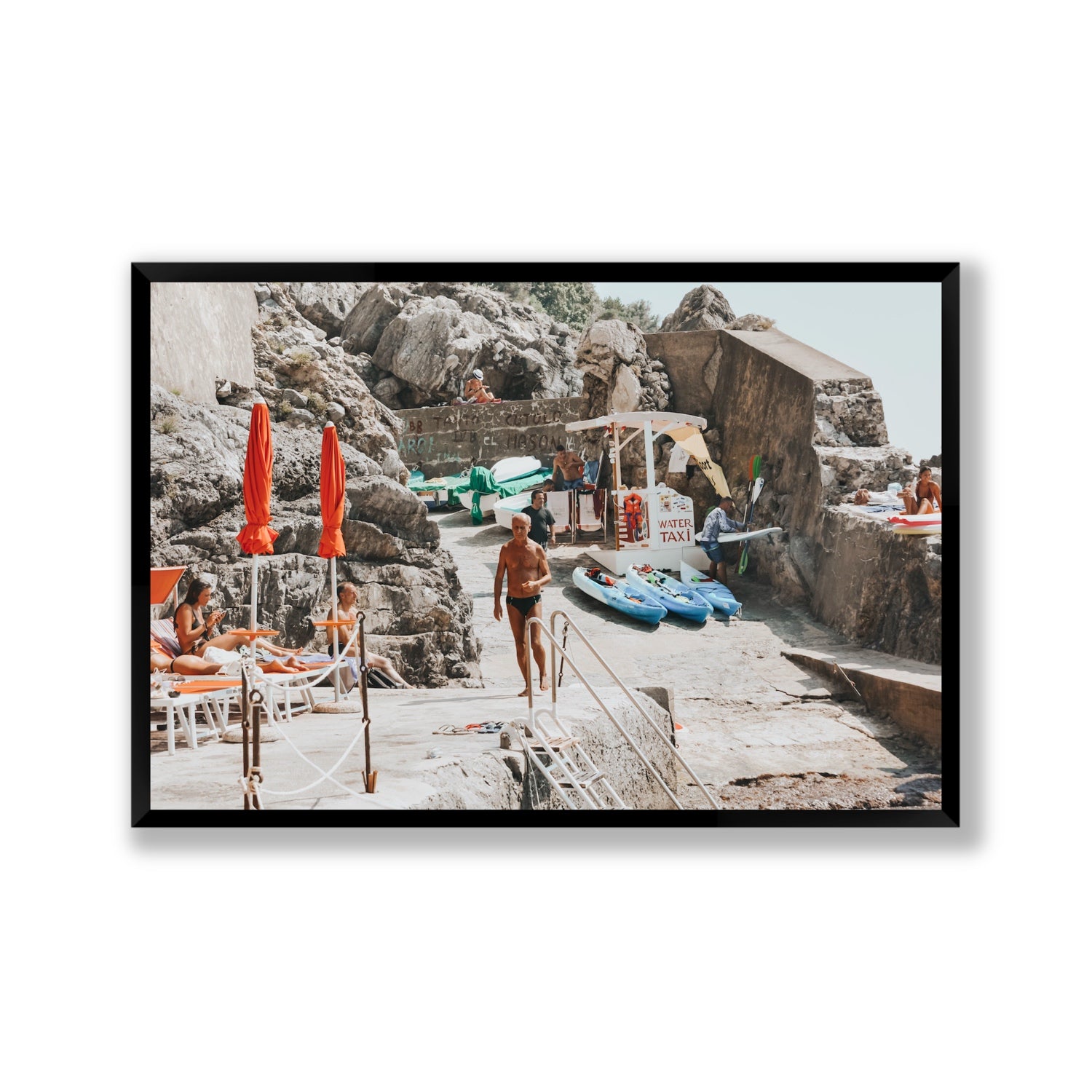 The Local Praiano Amalfi Coast Mediterranean wall art Gallery full-bleed fine art print in black frame
