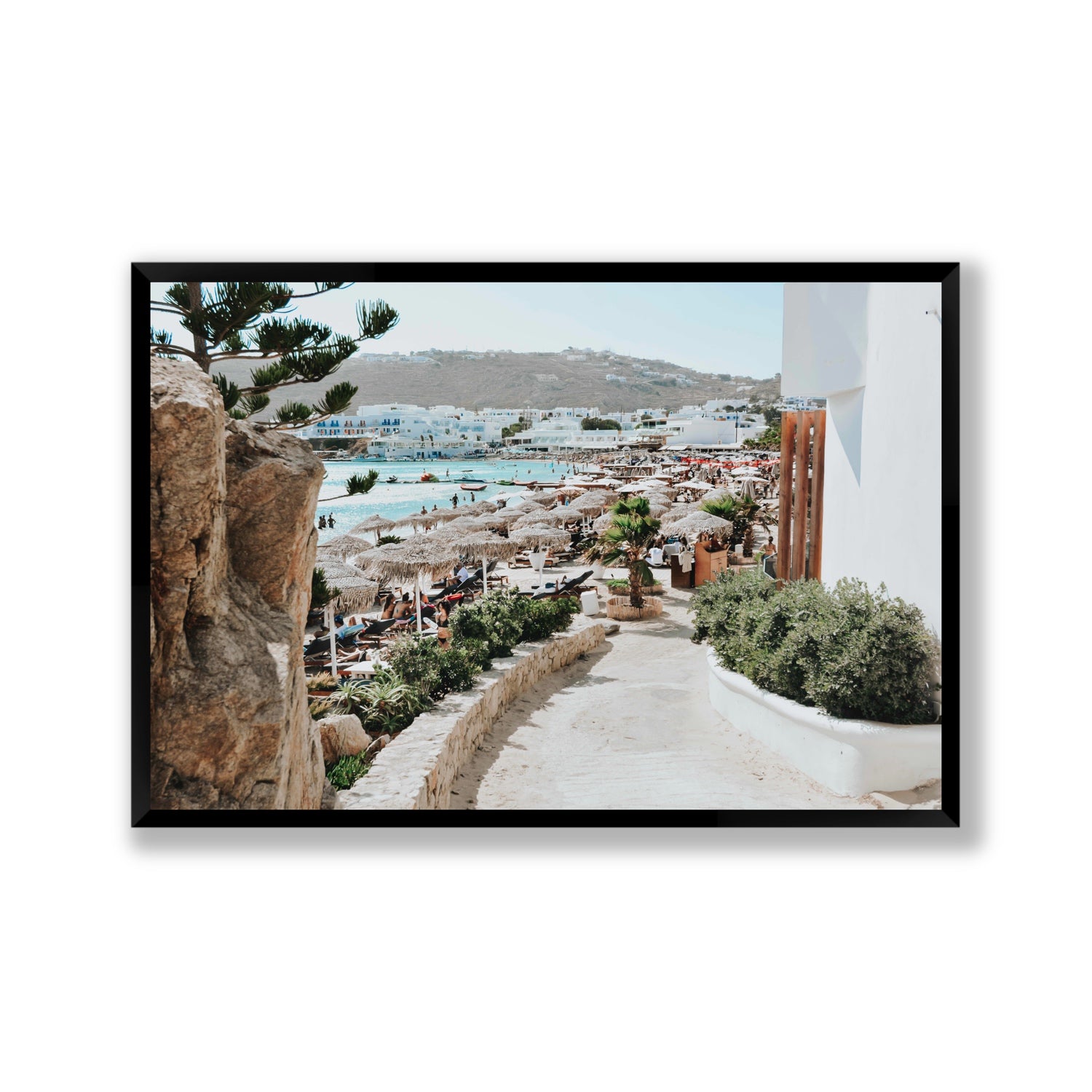 Kalimera Mykonos Greek island wall art Gallery full-bleed fine art print in black frame