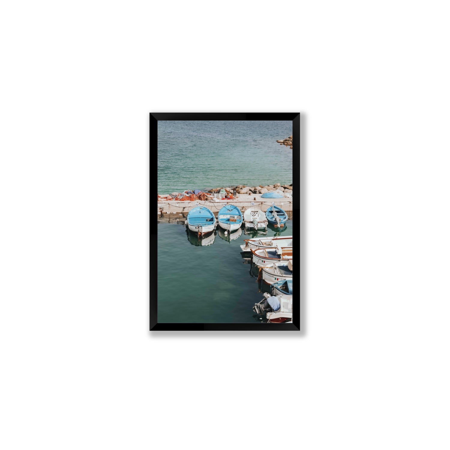 Maritime Memories Puglia Harbour Reflections coastal wall art Medium full-bleed fine art print in black frame