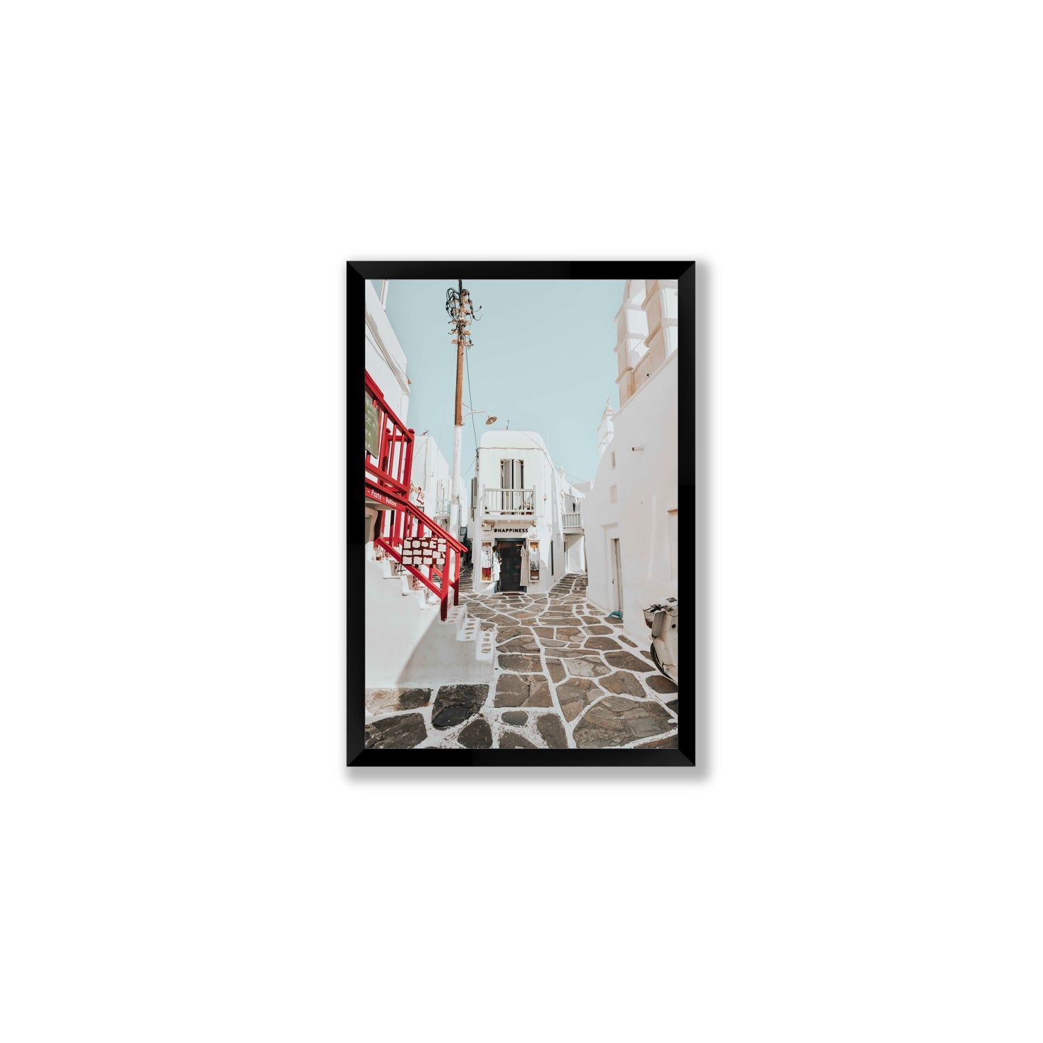 Happiness Mykonos Greek island wall art Medium full-bleed fine art print in black frame