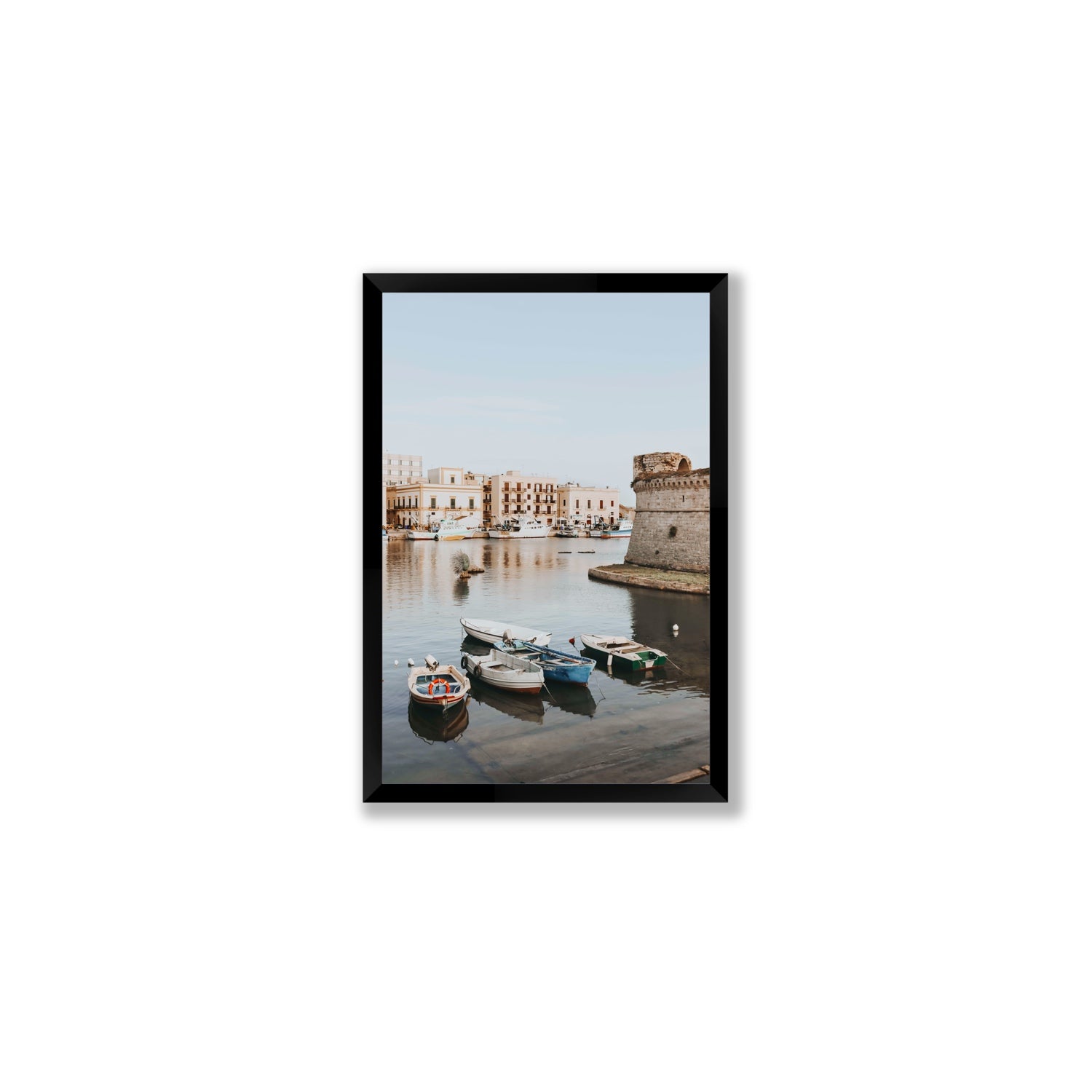Gallipoli Harbour Puglia coastal wall art Medium full-bleed fine art print in black frame