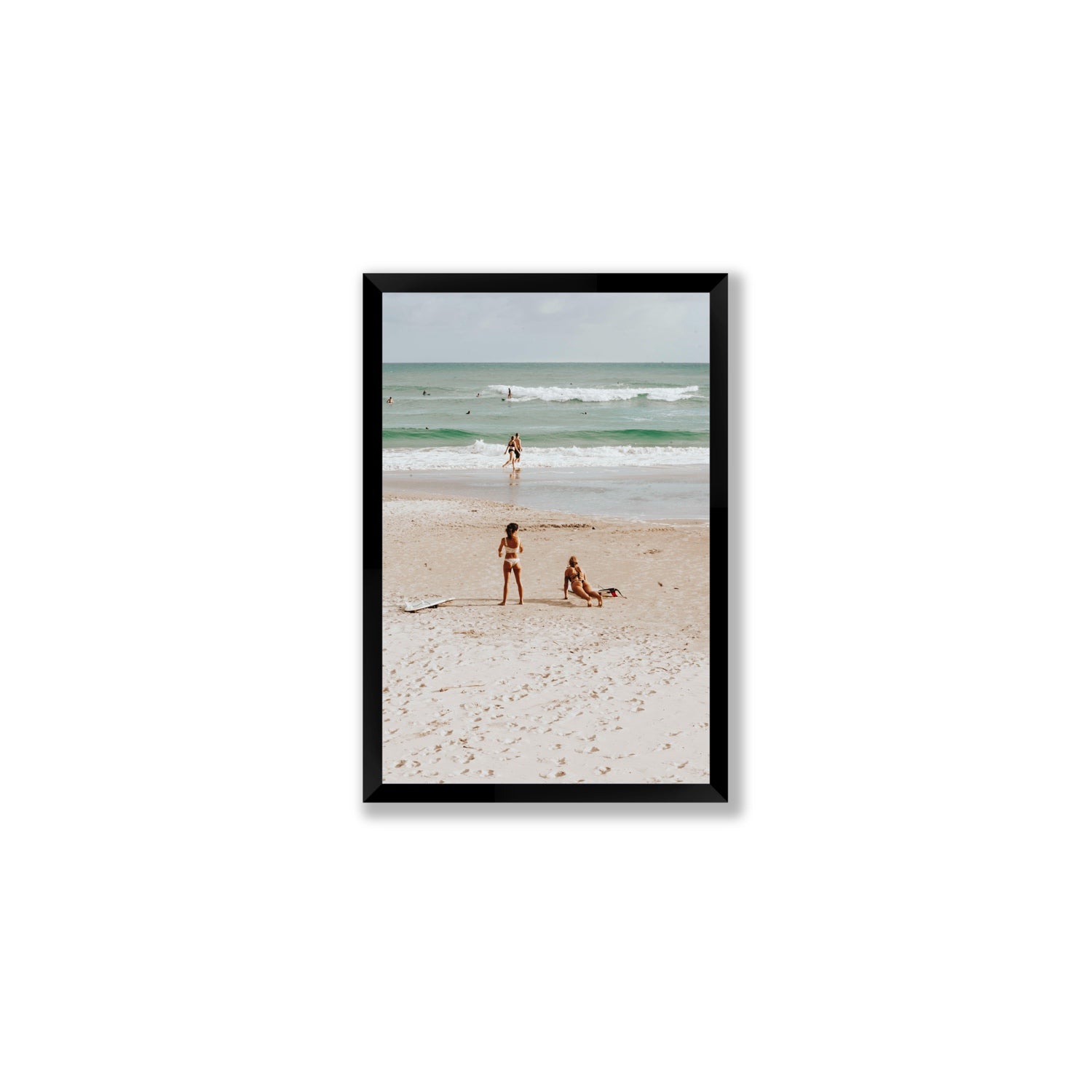 Gidget & Betty Byron Bay beach coastal wall art Medium full-bleed fine art print in black frame