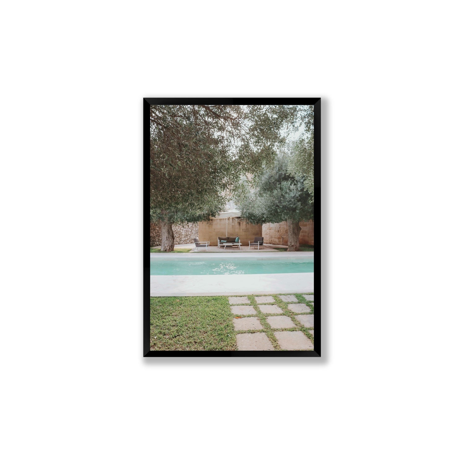 Idyllic Escape Puglia Mediterranean wall art Large full-bleed fine art print in black frame