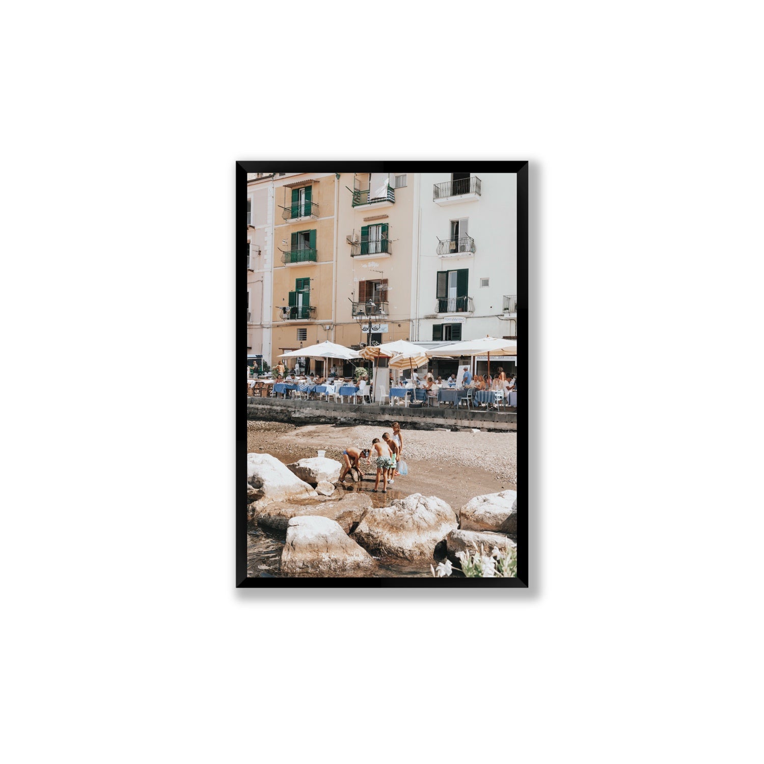 Sunny Playtime Sorrento coastal wall art Large full-bleed fine art print in black frame
