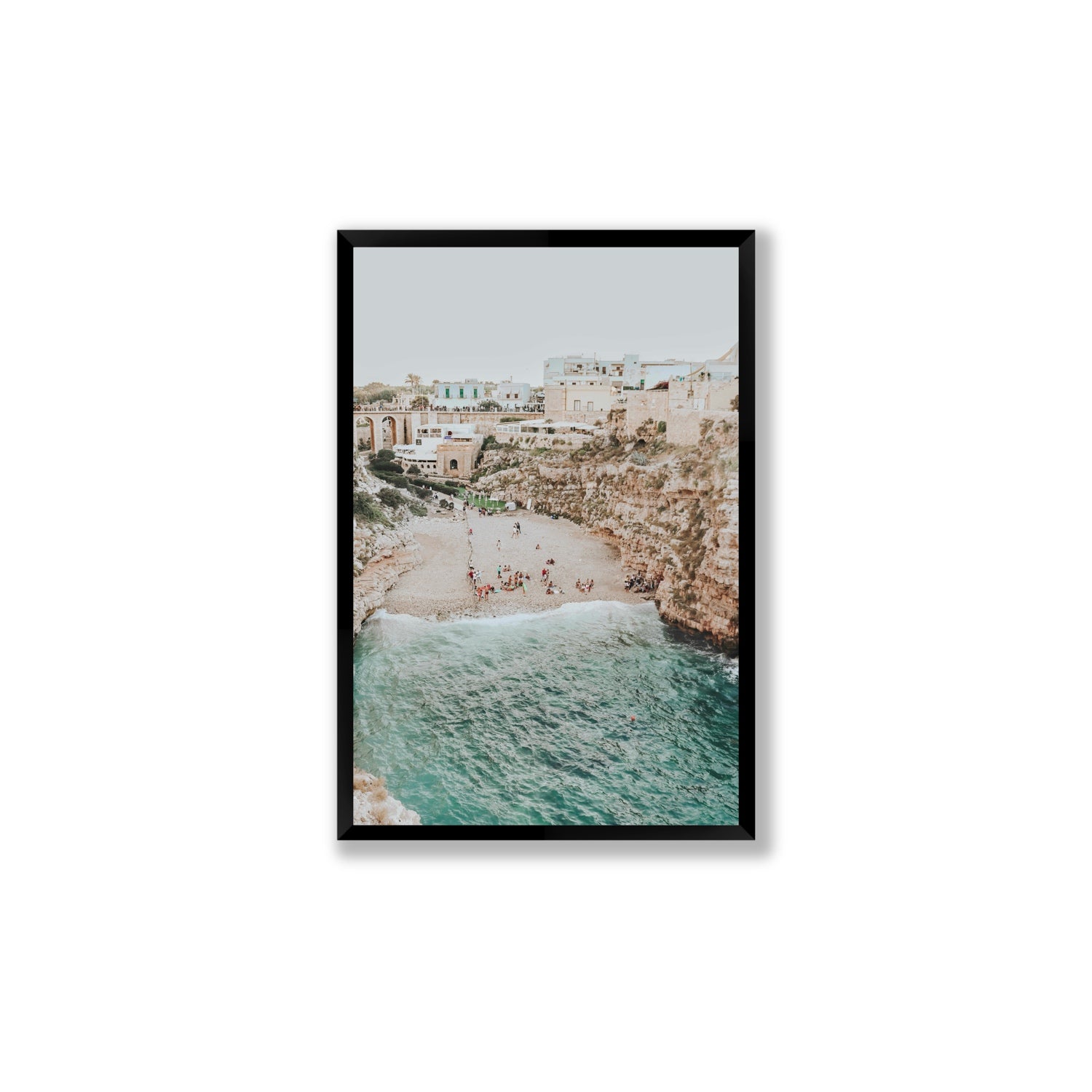 Polignano Vista Puglia coastal Italian beach fine art print Large full-bleed fine art print in black frame