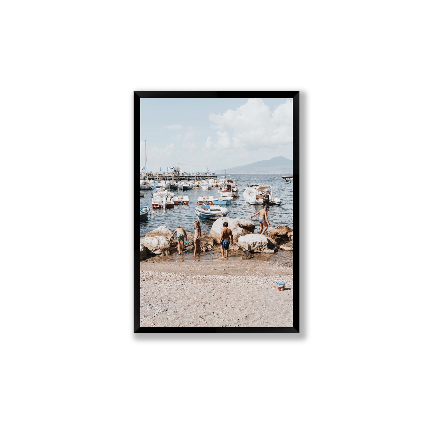 Searching For Treasures Sorrento coastal wall art Large full-bleed fine art print in black frame