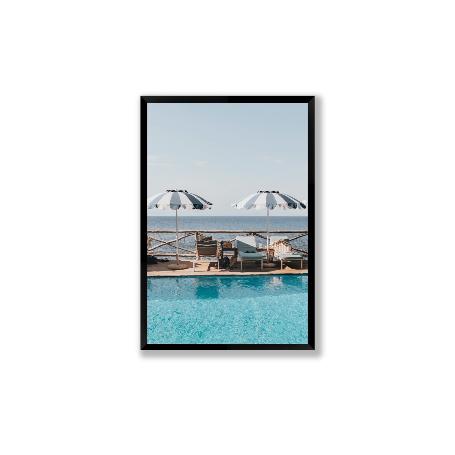 Beach Retreat fine art print, Ischia, Italy, european beach clubs artwork, Large, Black Frame · Full Bleed, Fine Art Print