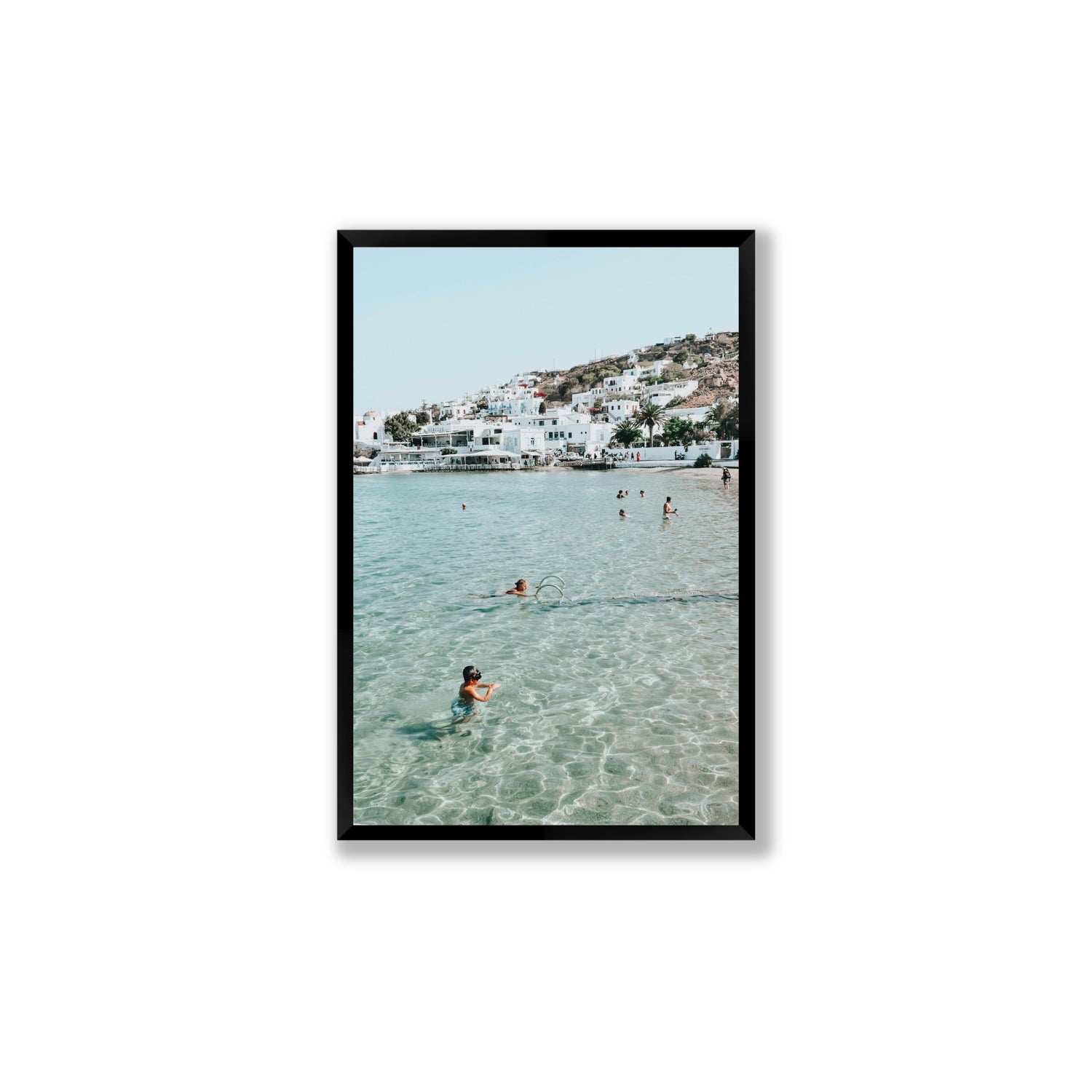 Beside The Seaside Mykonos beach Greek island wall art Large full-bleed fine art print in black frame