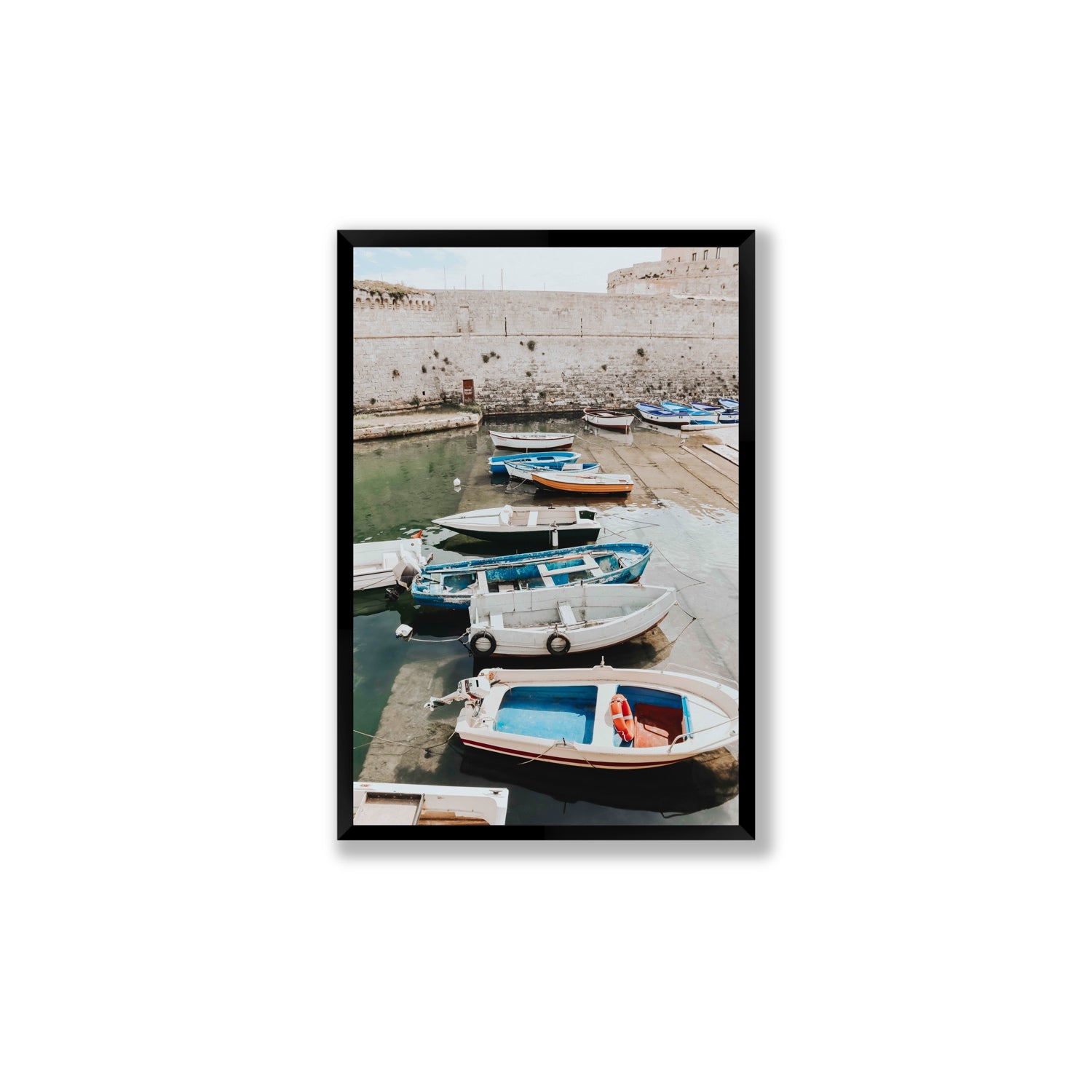 Harbour Palette Puglia coastal photography wall art Large full-bleed fine art print in black frame