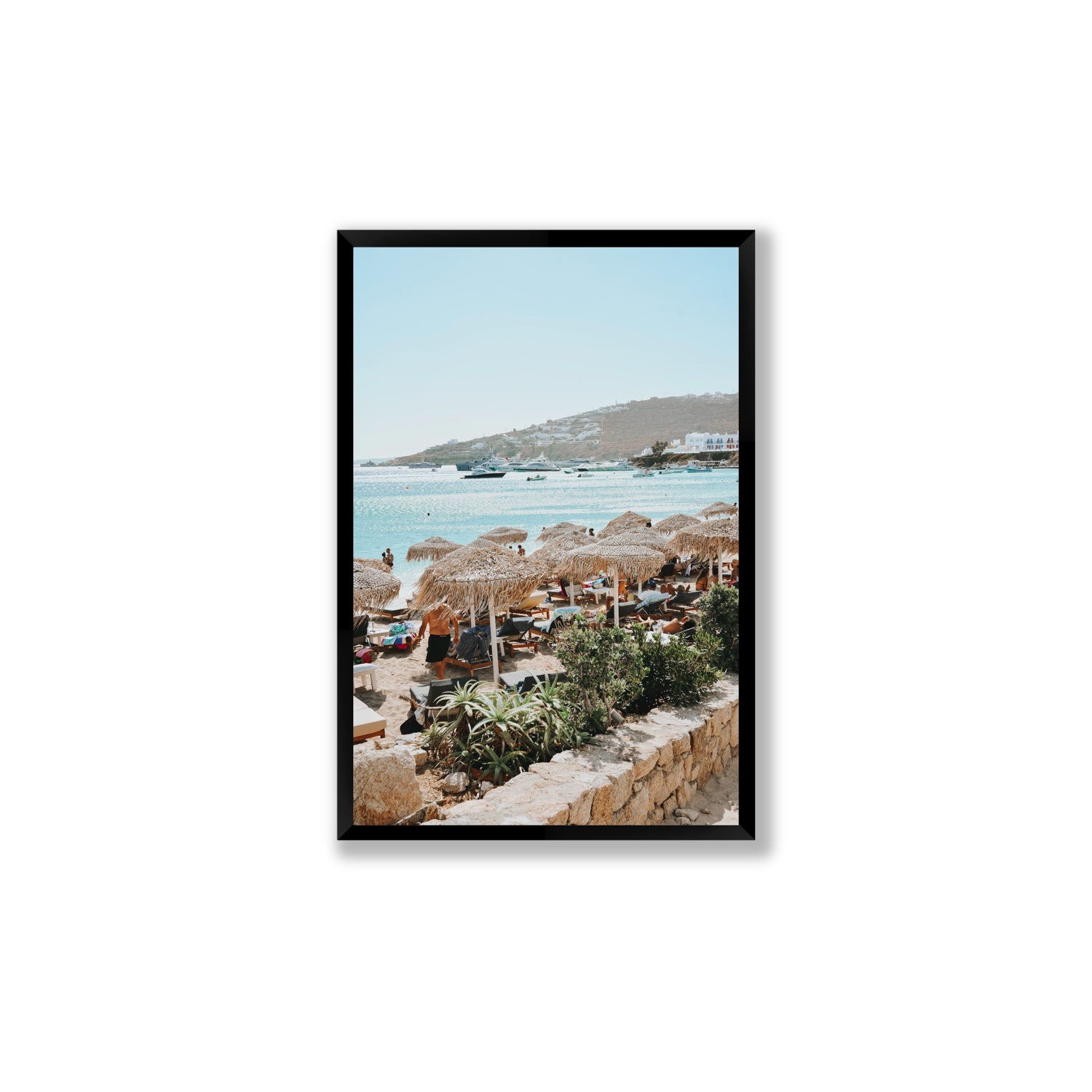 Beachside Huts Mykonos Greek island wall art Large full-bleed fine art print in black frame