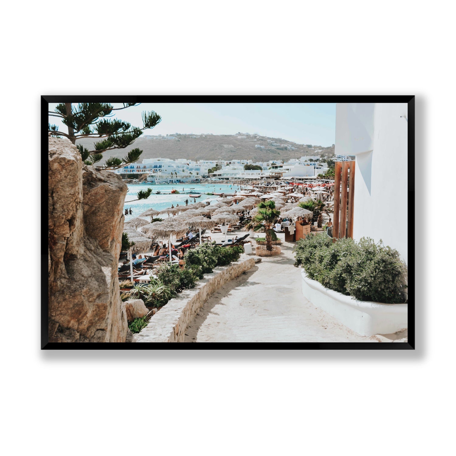 Kalimera Mykonos Greek island wall art Statement full-bleed fine art print in black frame