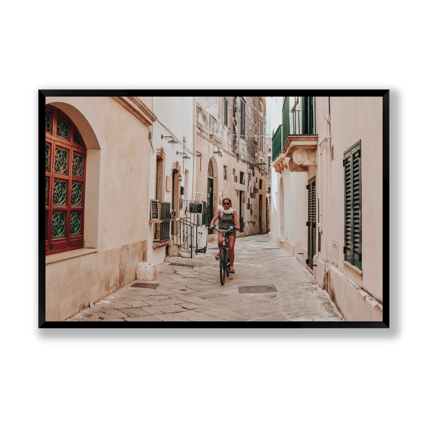 La Donna In Bicicletta Puglia Wall Italian fine art print Statement full-bleed fine art print in black frame