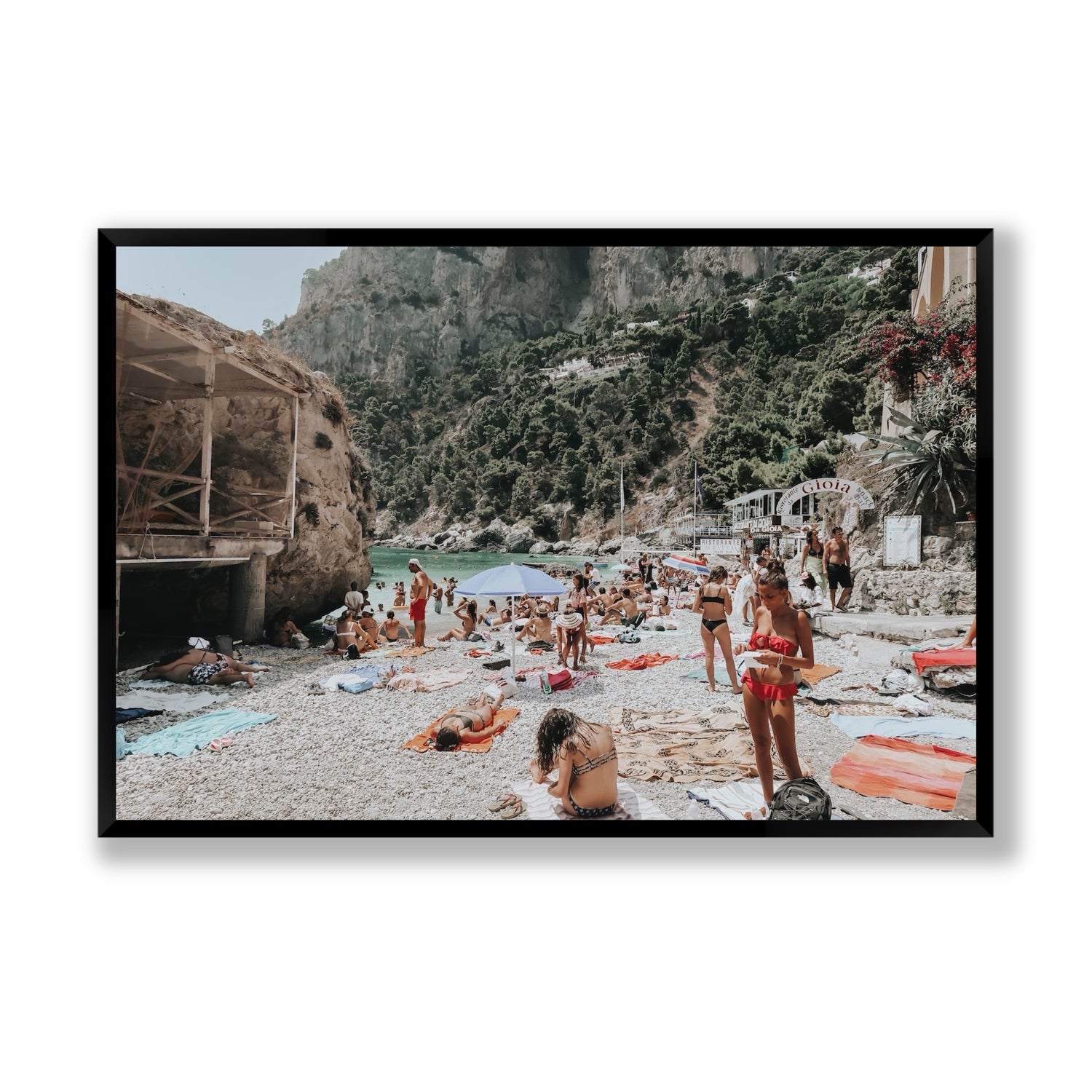 Spiaggia Da Gioia Capri beach coastal wall art Statement full-bleed fine art print in black frame