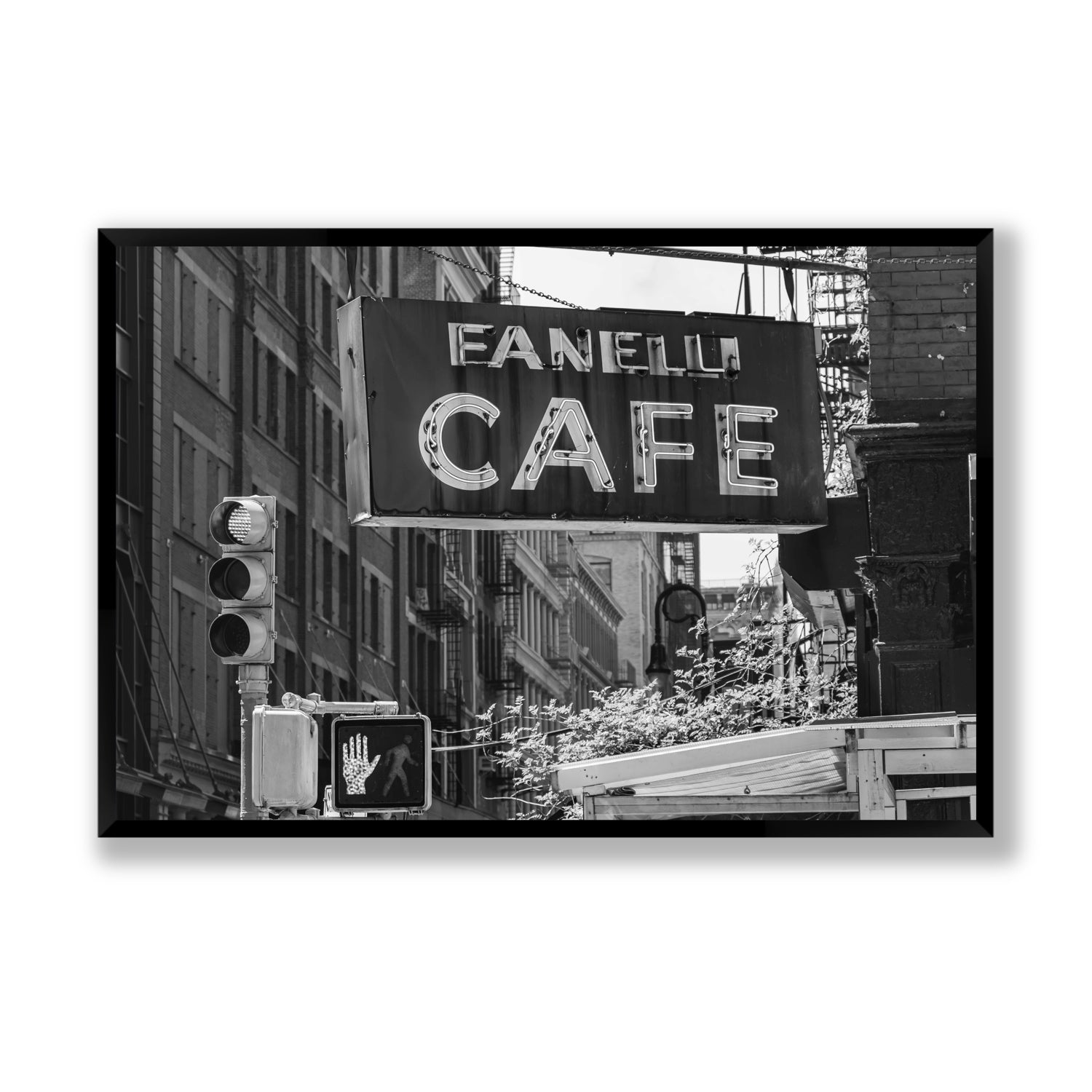 Soho Neon New York NYC Black & White wall art Statement full-bleed fine art print in black frame