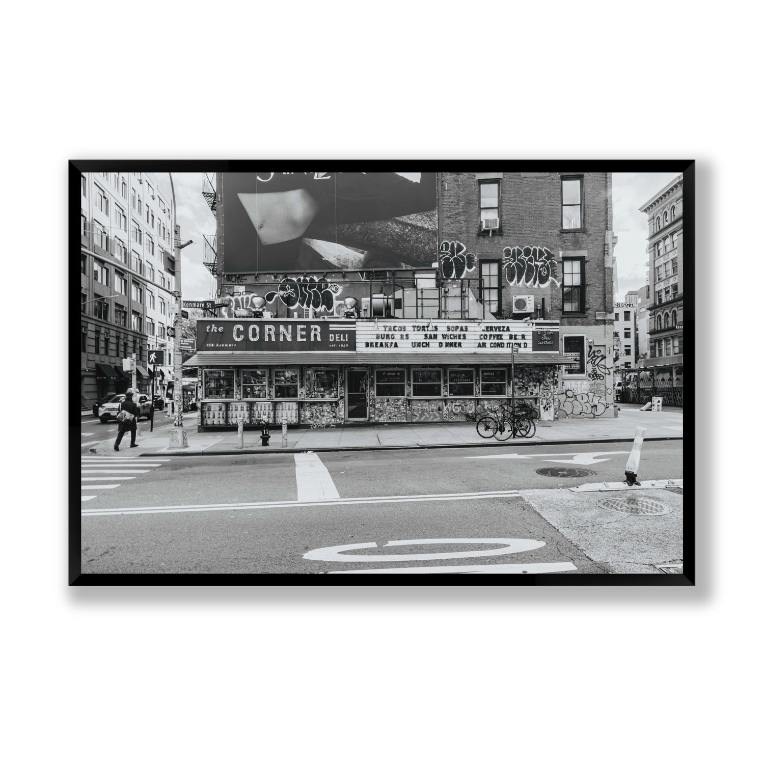 Kenmare Street New York NYC Black & White wall art Statement full-bleed fine art print in black frame