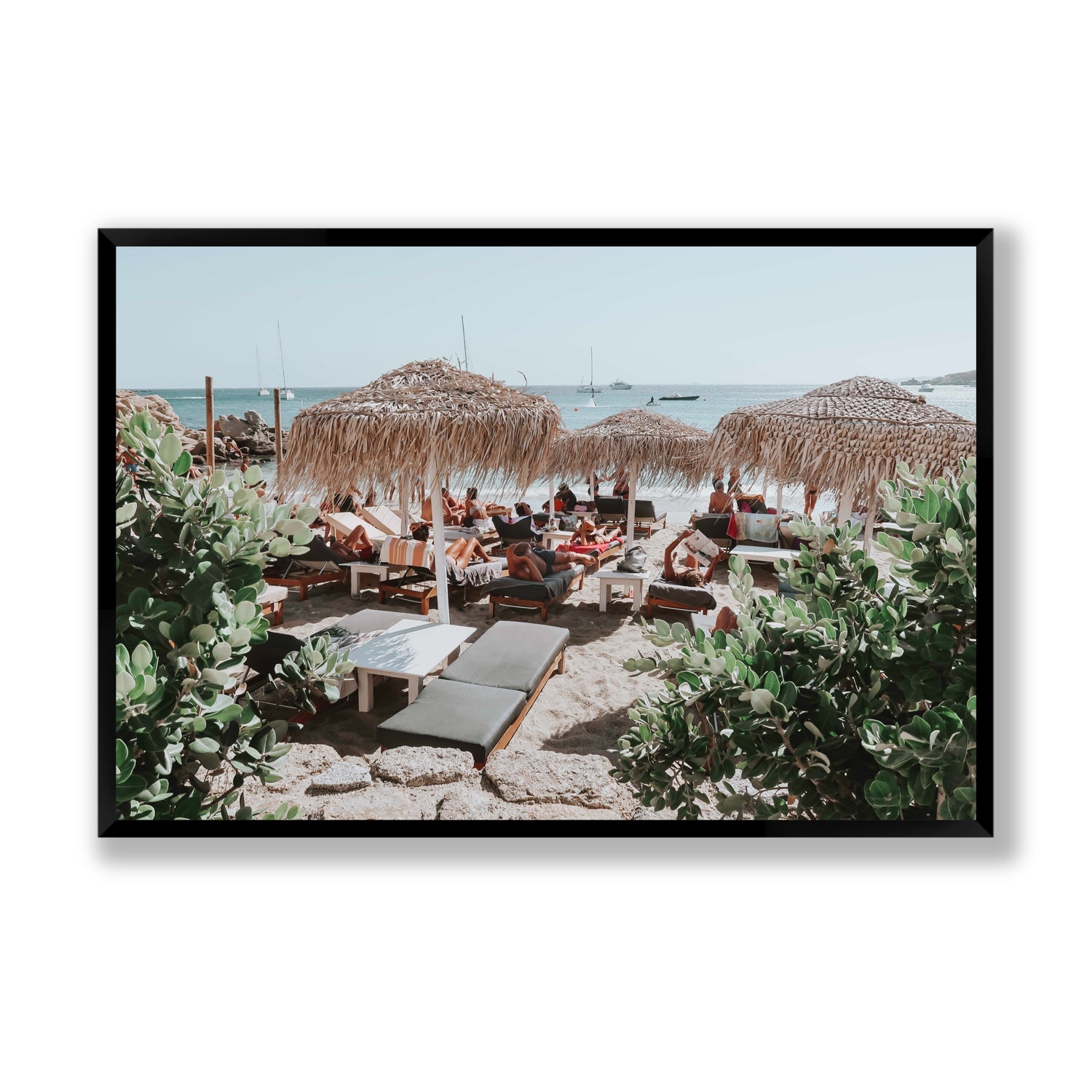 Greek Haven Mykonos Greek island coastal wall art Statement full-bleed fine art print in black frame