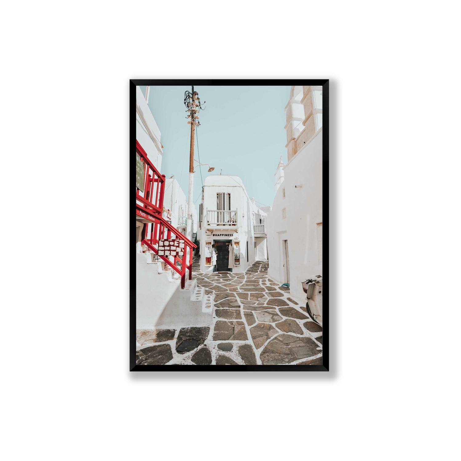 Happiness Mykonos Greek island wall art Extra Large full-bleed fine art print in black frame
