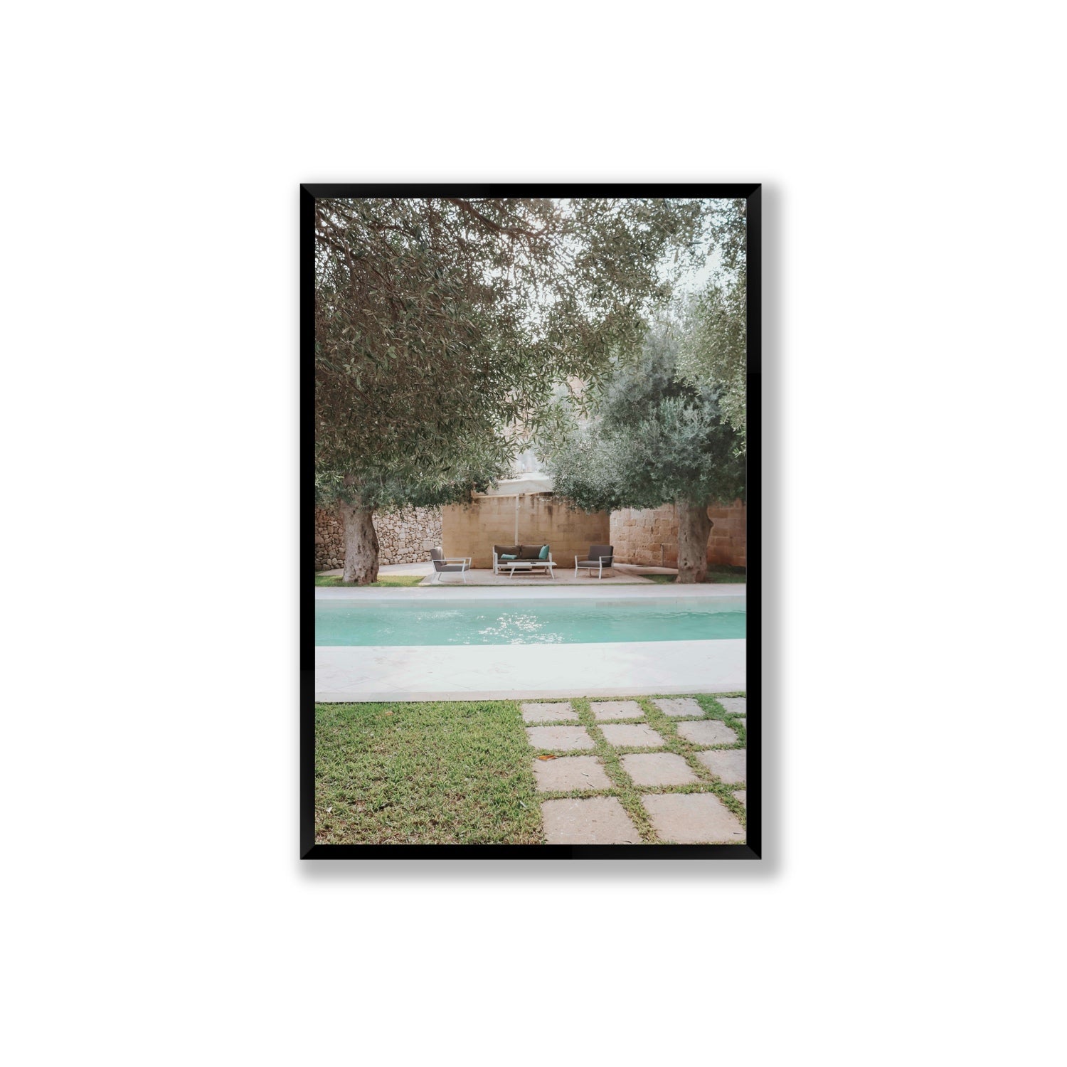 Idyllic Escape Puglia Mediterranean wall art Extra Large full-bleed fine art print in black frame