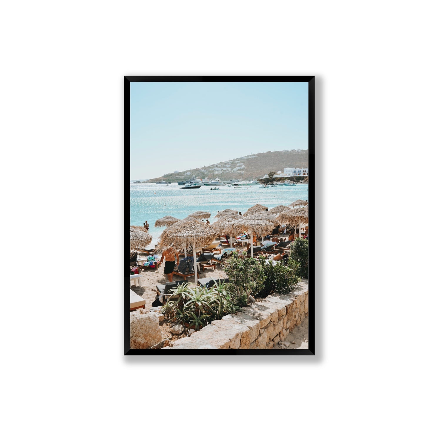 Beachside Huts Mykonos Greek island wall art Extra Large full-bleed fine art print in black frame