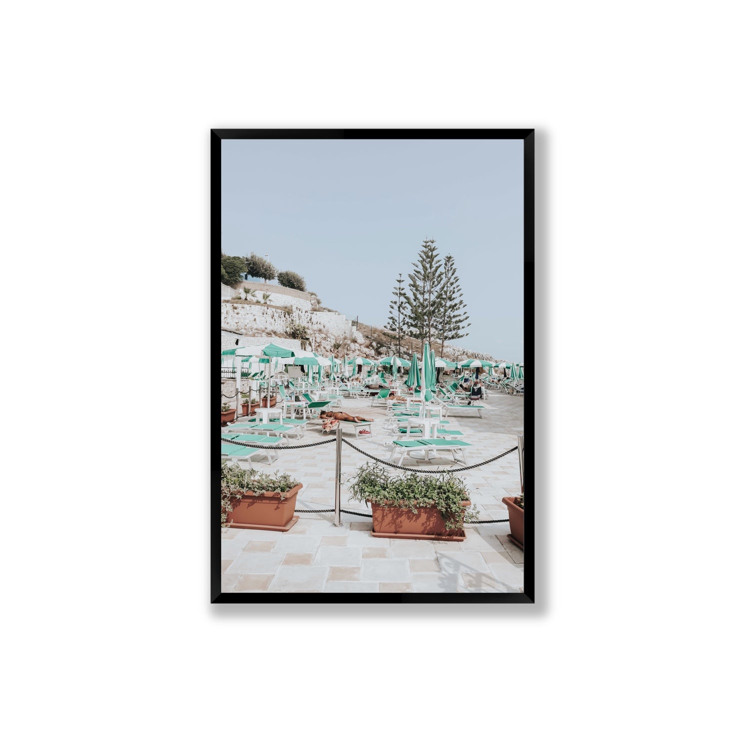 Siesta on The Terrace Puglia coastal wall art Extra Large full-bleed fine art print in black frame
