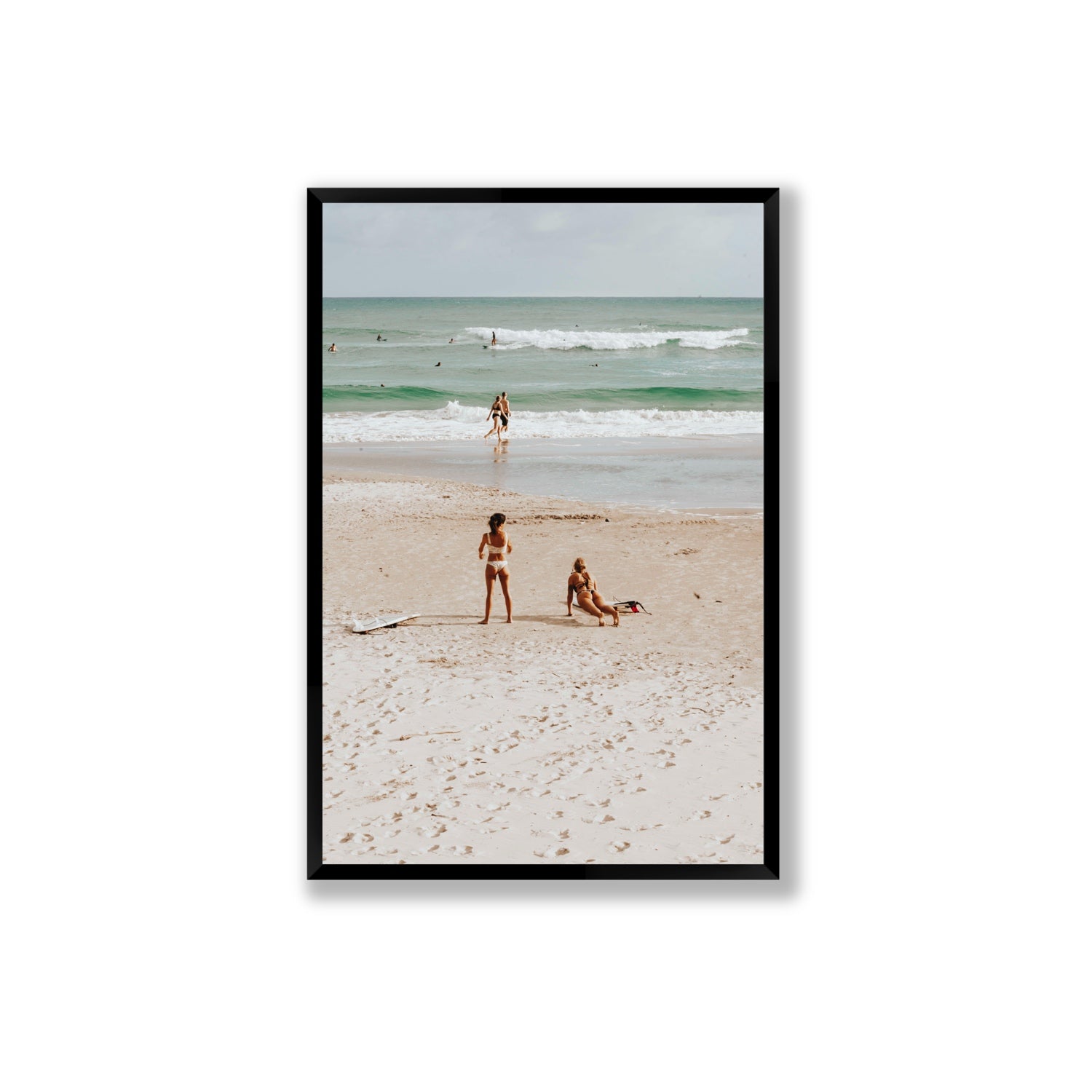 Gidget & Betty Byron Bay beach coastal wall art Extra Large full-bleed fine art print in black frame