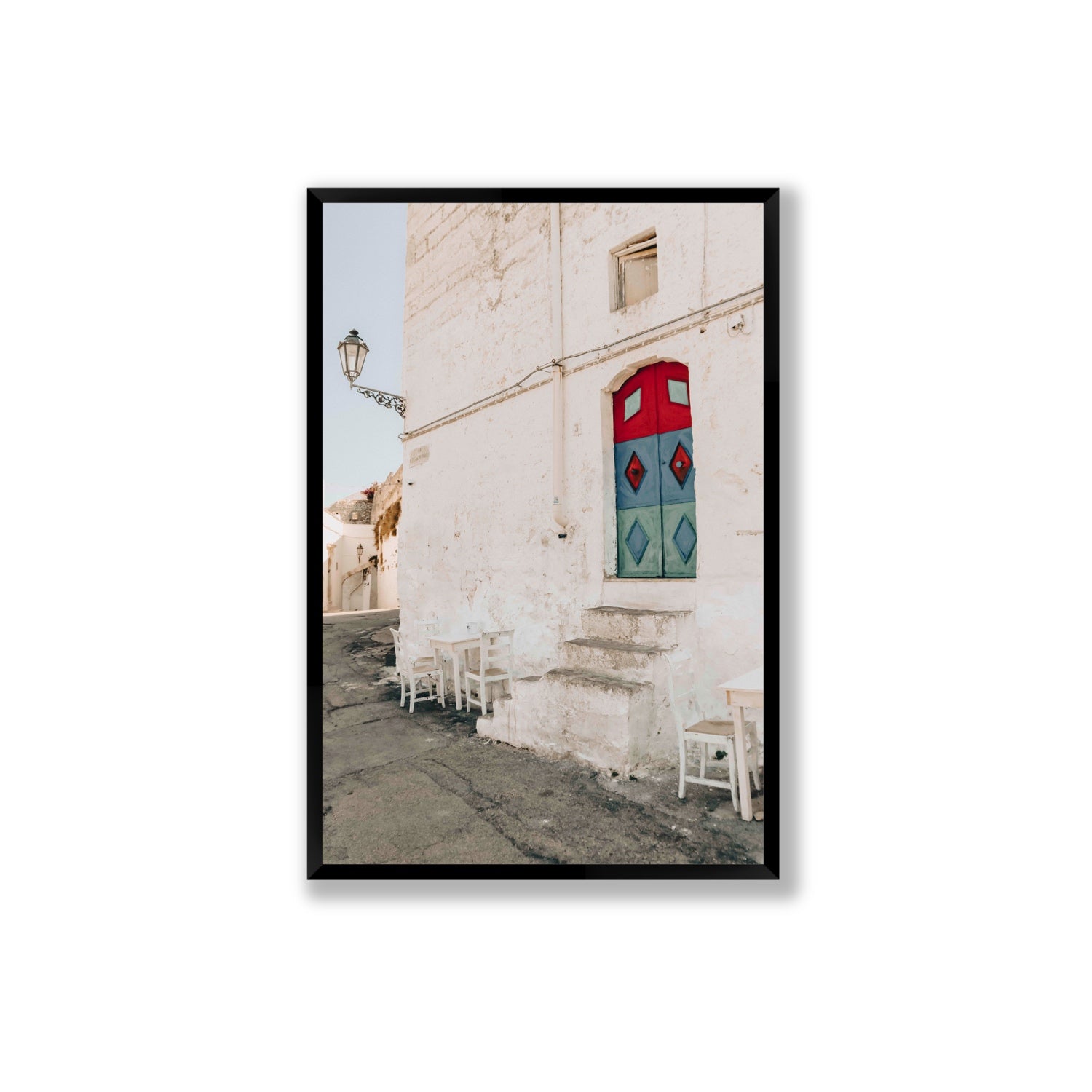 Doorway Delight Puglia Ostuni wall art Extra Large full-bleed fine art print in black frame