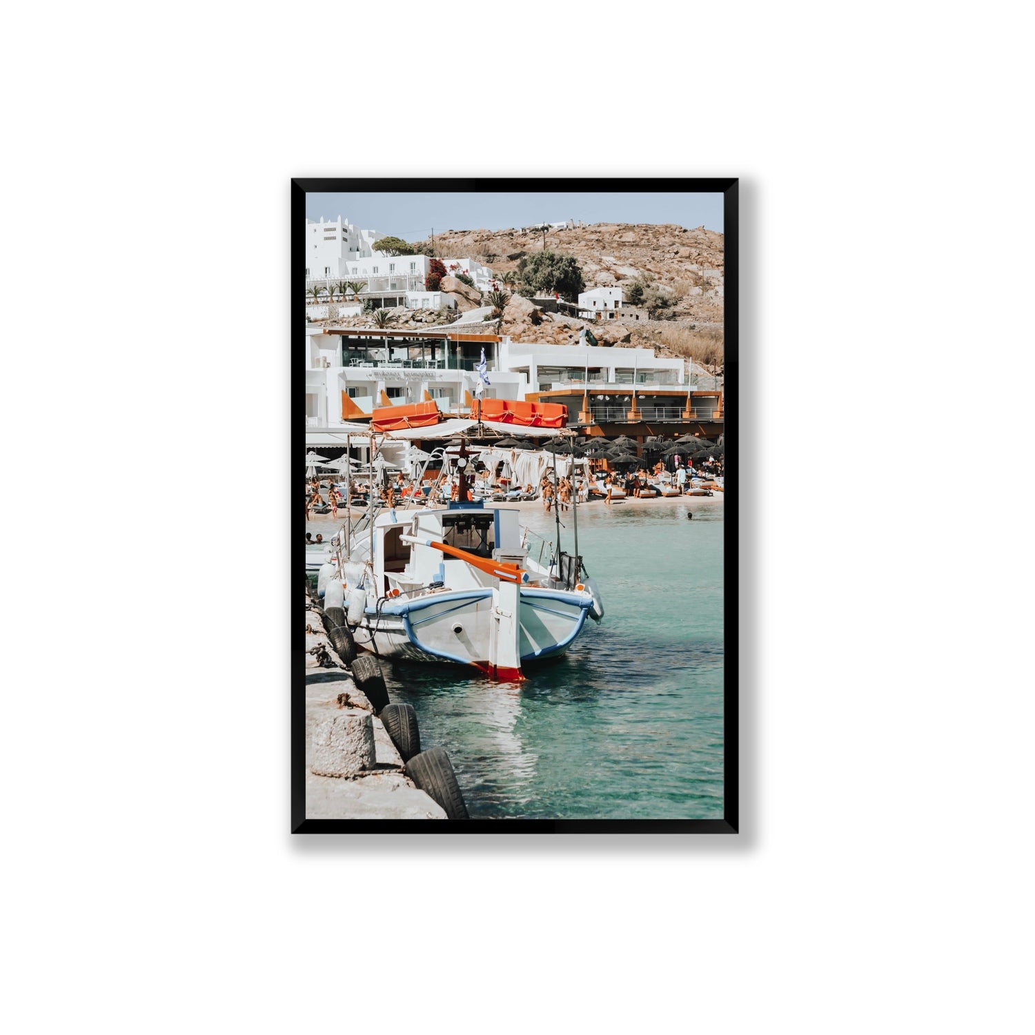 Travel In Style Mykonos Greek island wall art Extra Large full-bleed fine art print in black frame