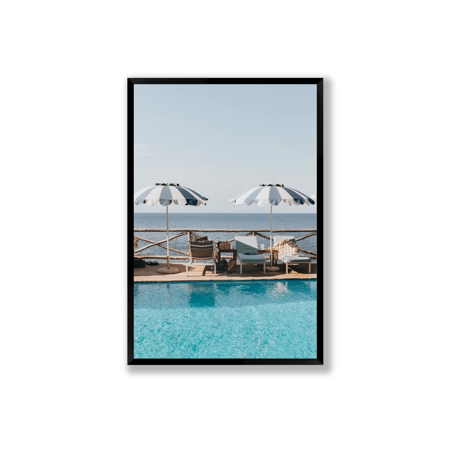 Beach Retreat fine art print, Ischia, Italy, european beach clubs artwork, Extra Large, Black Frame · Full Bleed, Fine Art Print