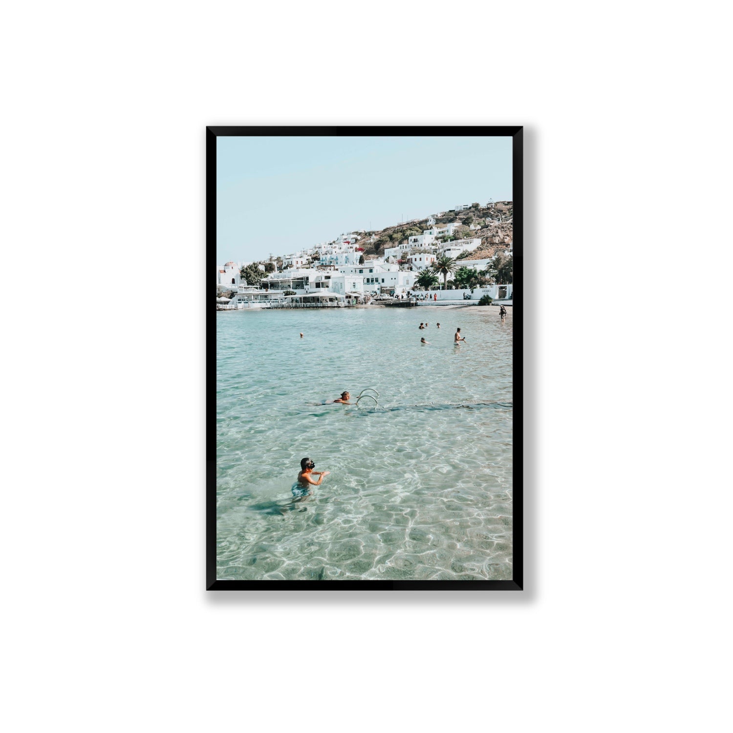 Beside The Seaside Mykonos beach Greek island wall art Extra Large full-bleed fine art print in black frame