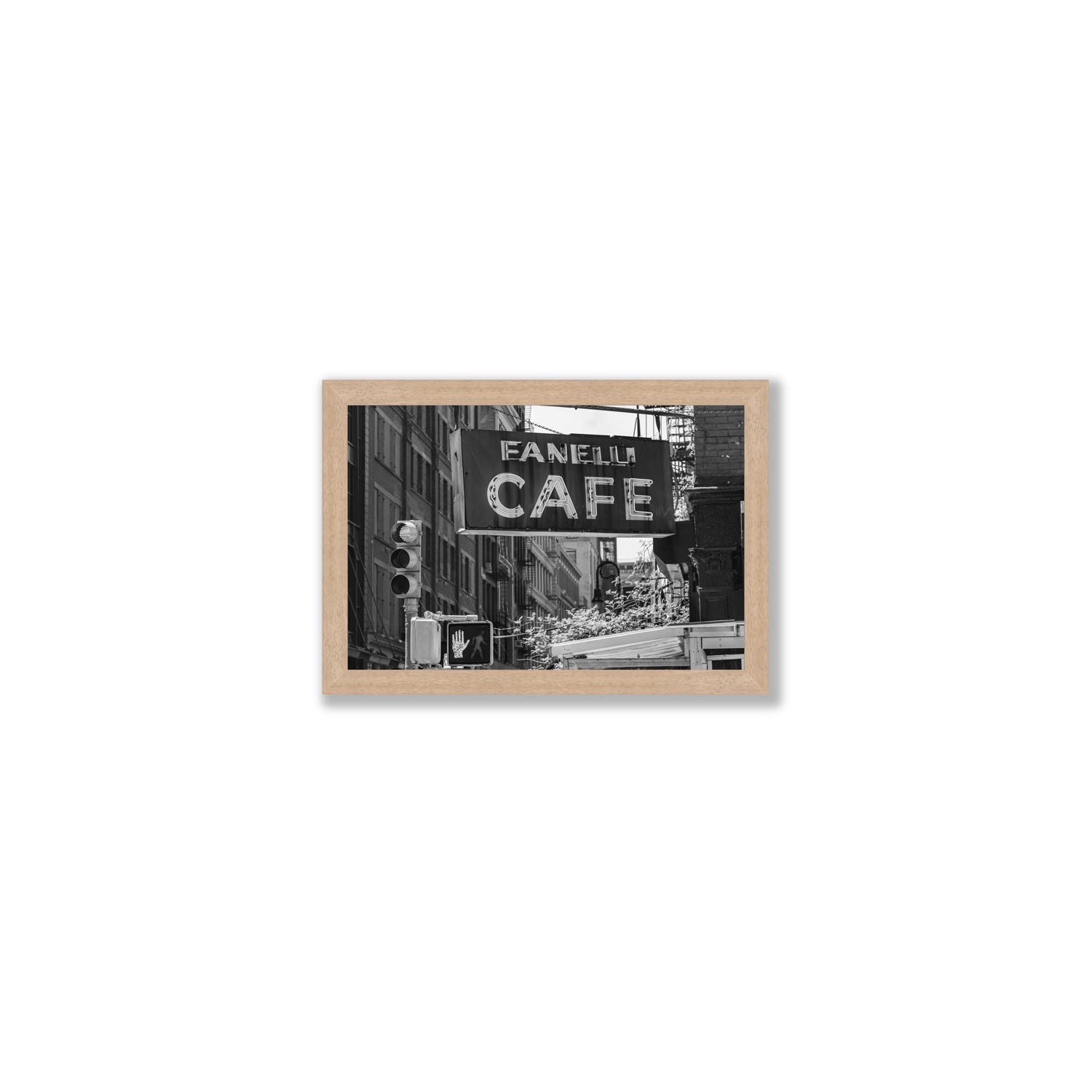 Soho Neon New York NYC Black & White wall art Small full-bleed fine art print in natural oak frame
