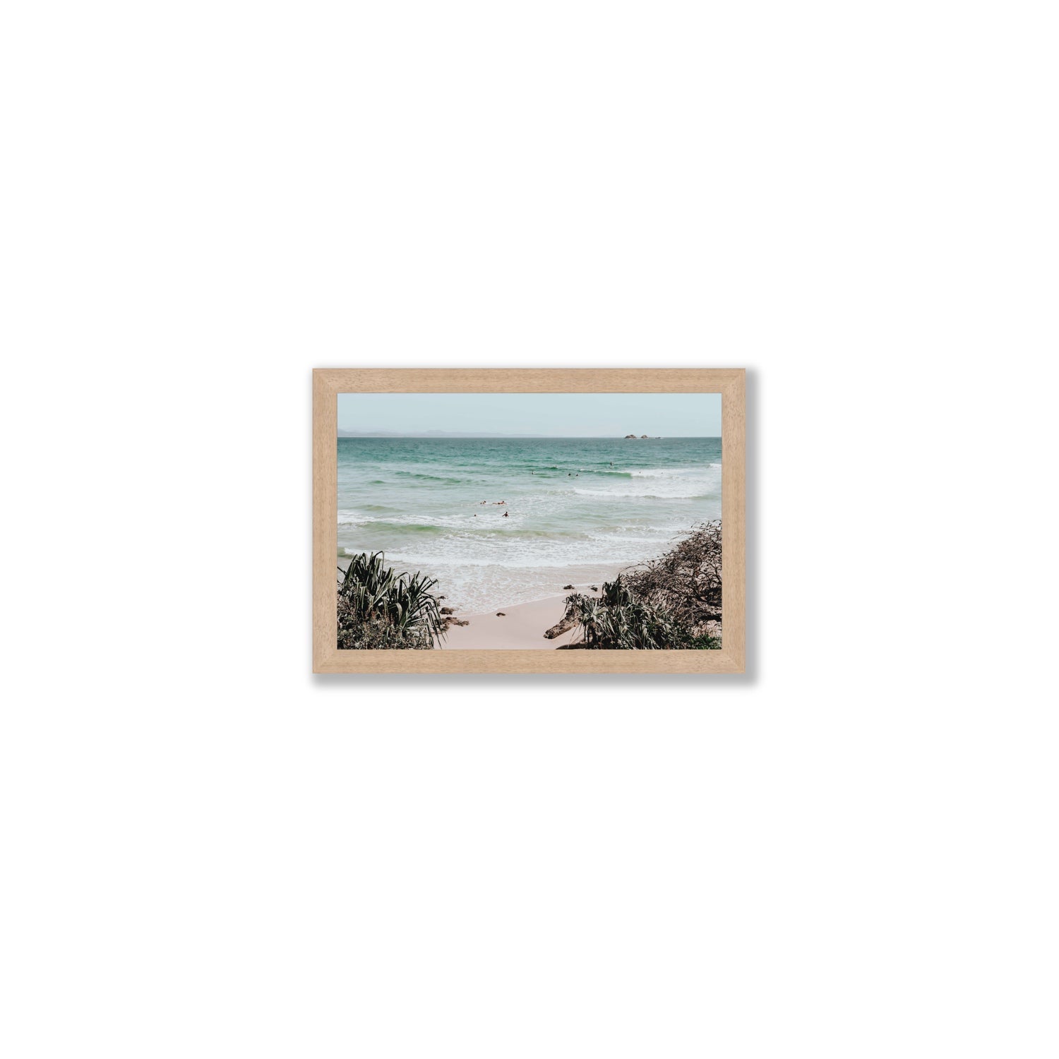 Surf City Byron Bay Surf coastal wall art Small full-bleed fine art print in natural oak frame