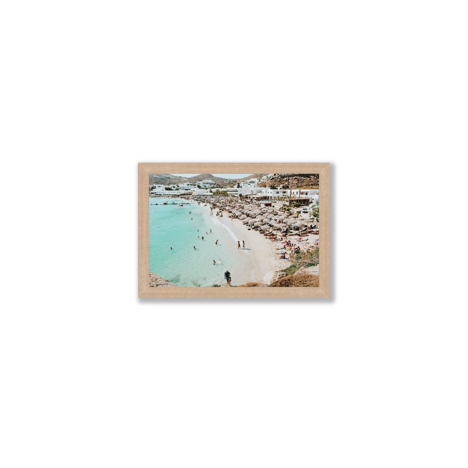 Aquaholic Mykonos Greek island wall art Small full-bleed fine art print in natural oak frame