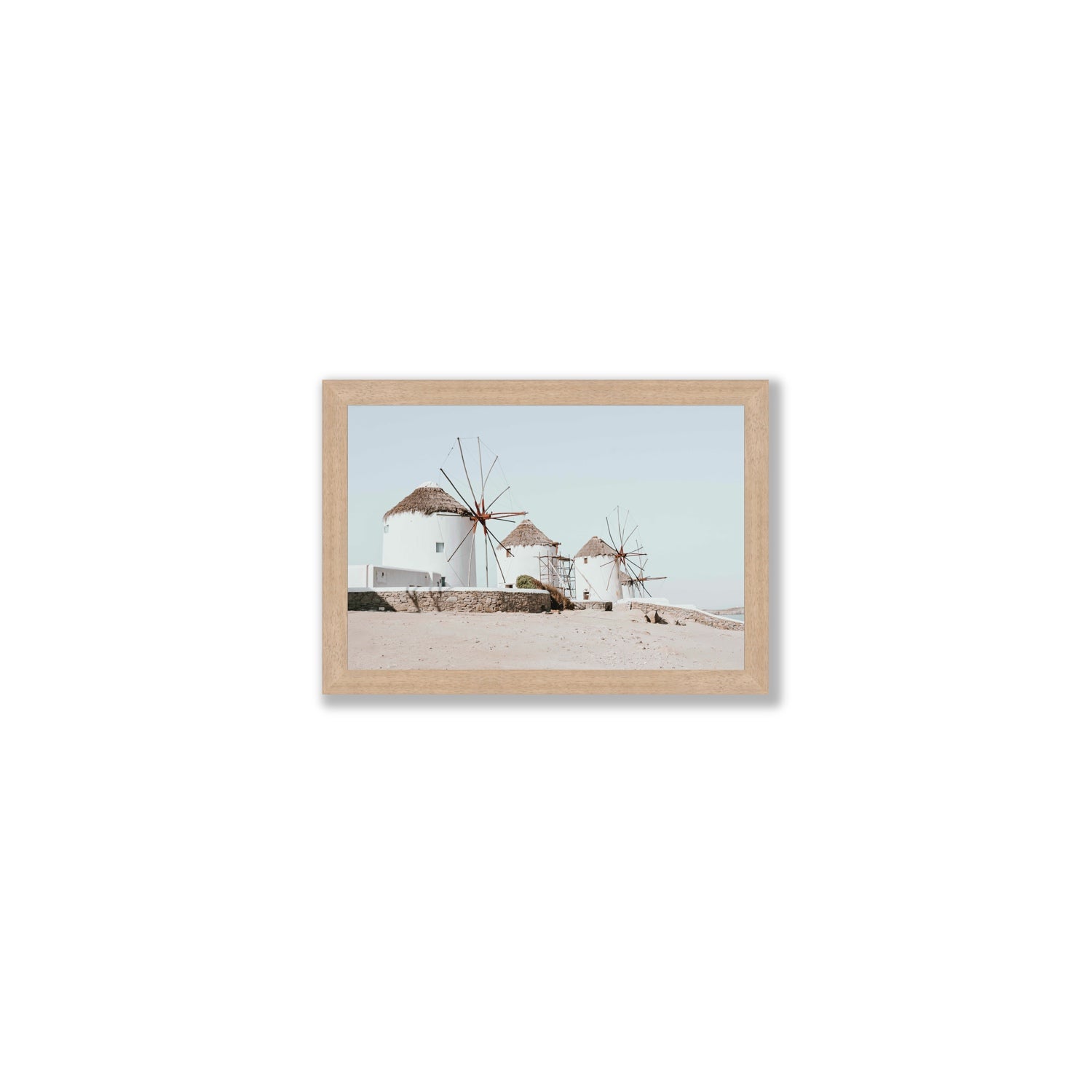 Rustic Icons Mykonos Greek island wall art Small full-bleed fine art print in natural oak frame