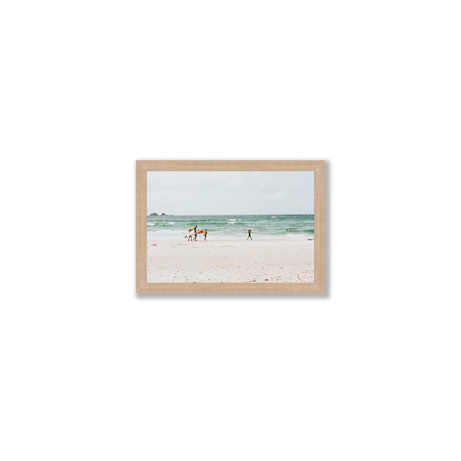 La Famiglia Byron Bay Family Surf coastal wall art Small full-bleed fine art print in natural oak frame