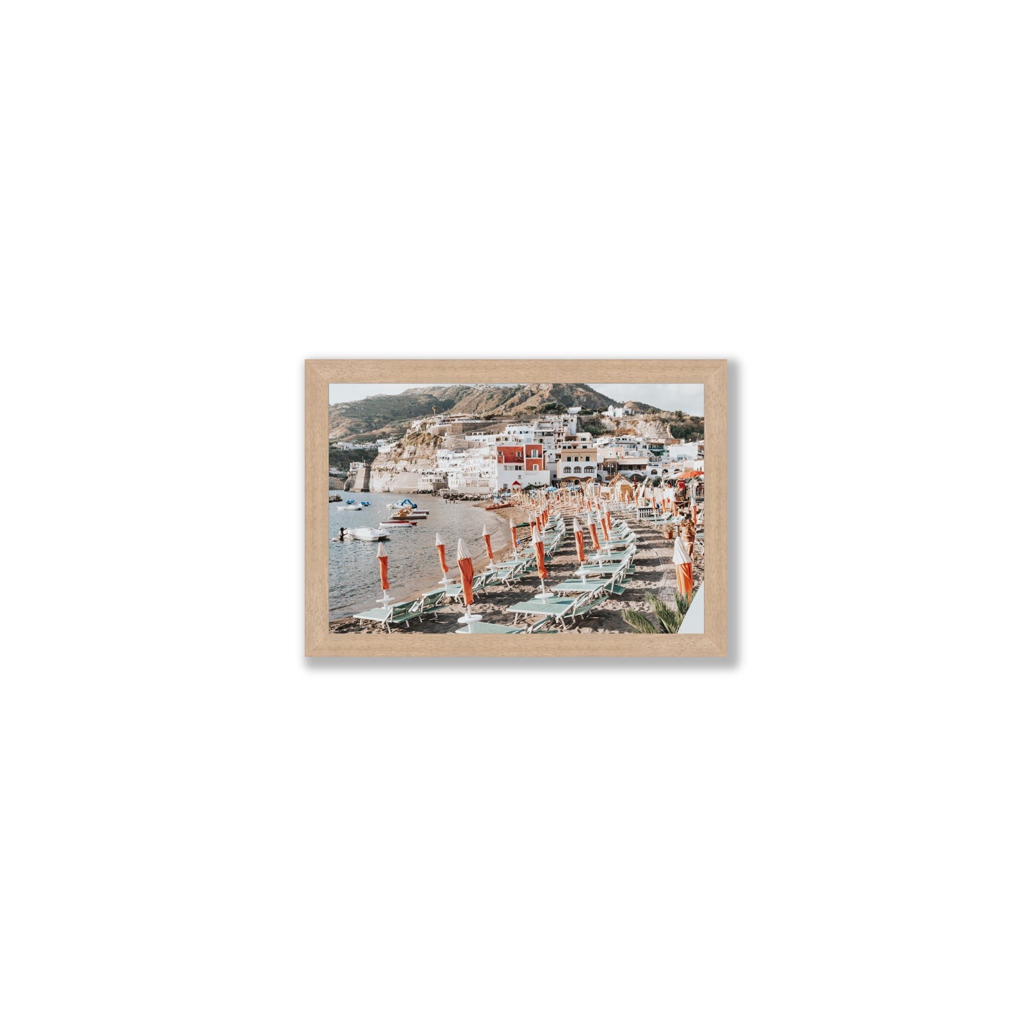 Sole Estivo Ischia Italian coastal wall art Small full-bleed fine art print in natural oak frame