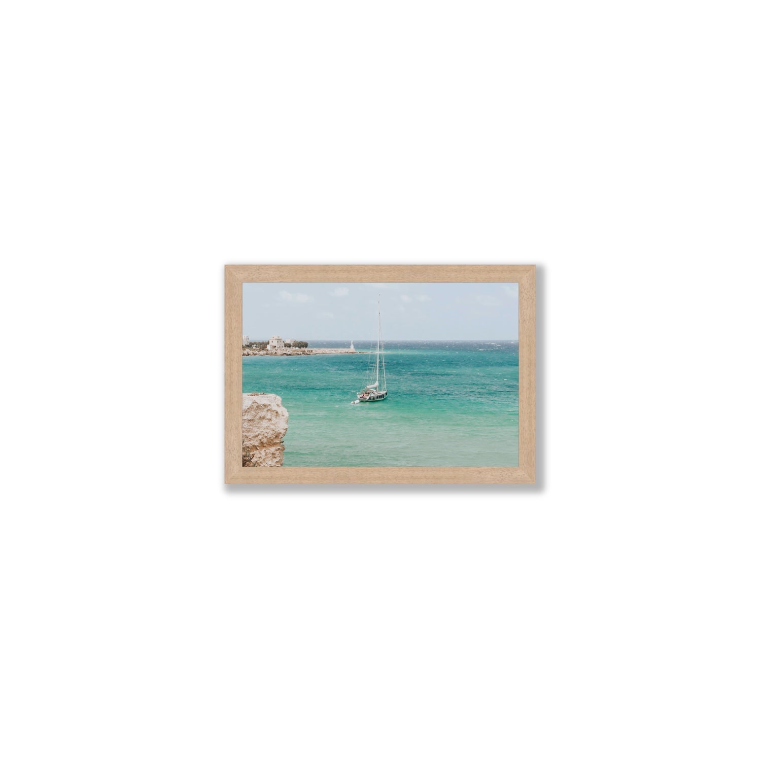 Adriatic Escape Puglia Italian coastal decor wall art Small full-bleed fine art print in natural oak frame