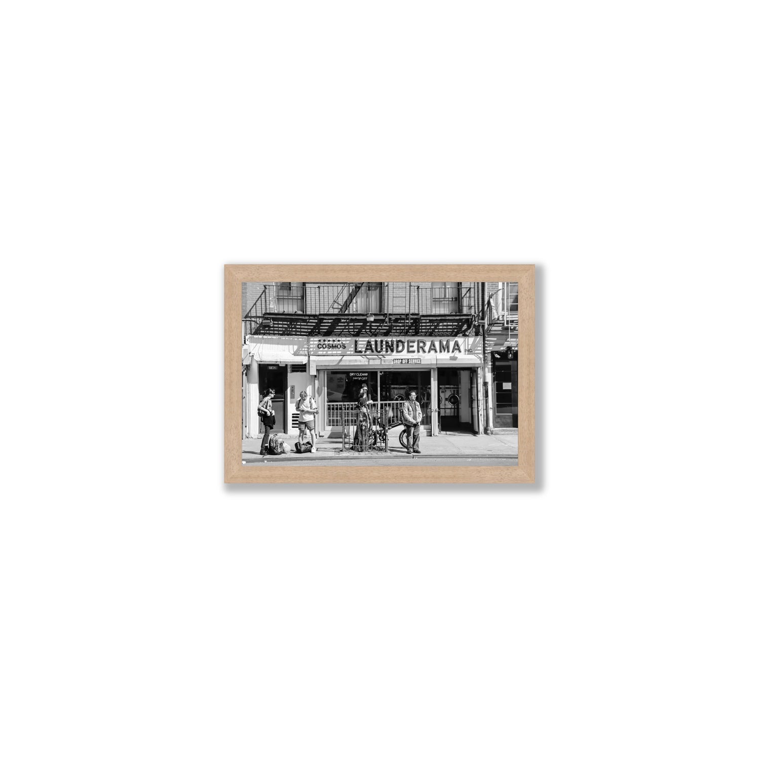 Launderama New York NYC Black & White wall art Small full-bleed fine art print in natural oak frame