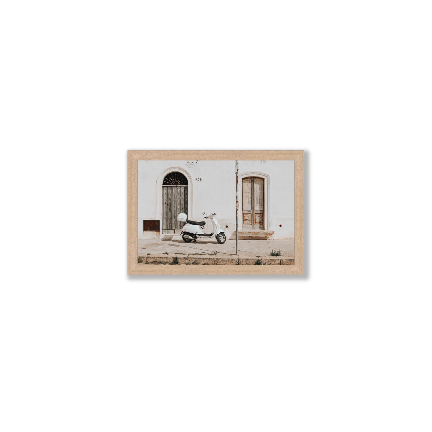 Vespa Nostalgia Puglia Italian wall art Small full-bleed fine art print in natural oak frame