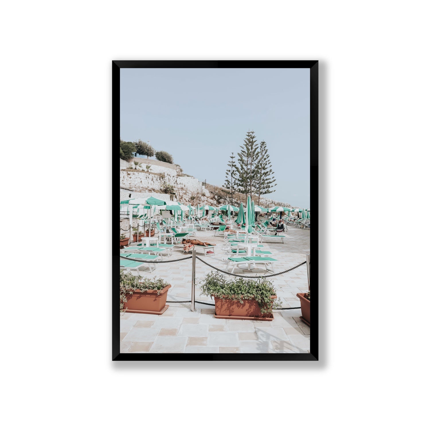 Siesta on The Terrace Puglia coastal wall art Giant full-bleed fine art print in black frame