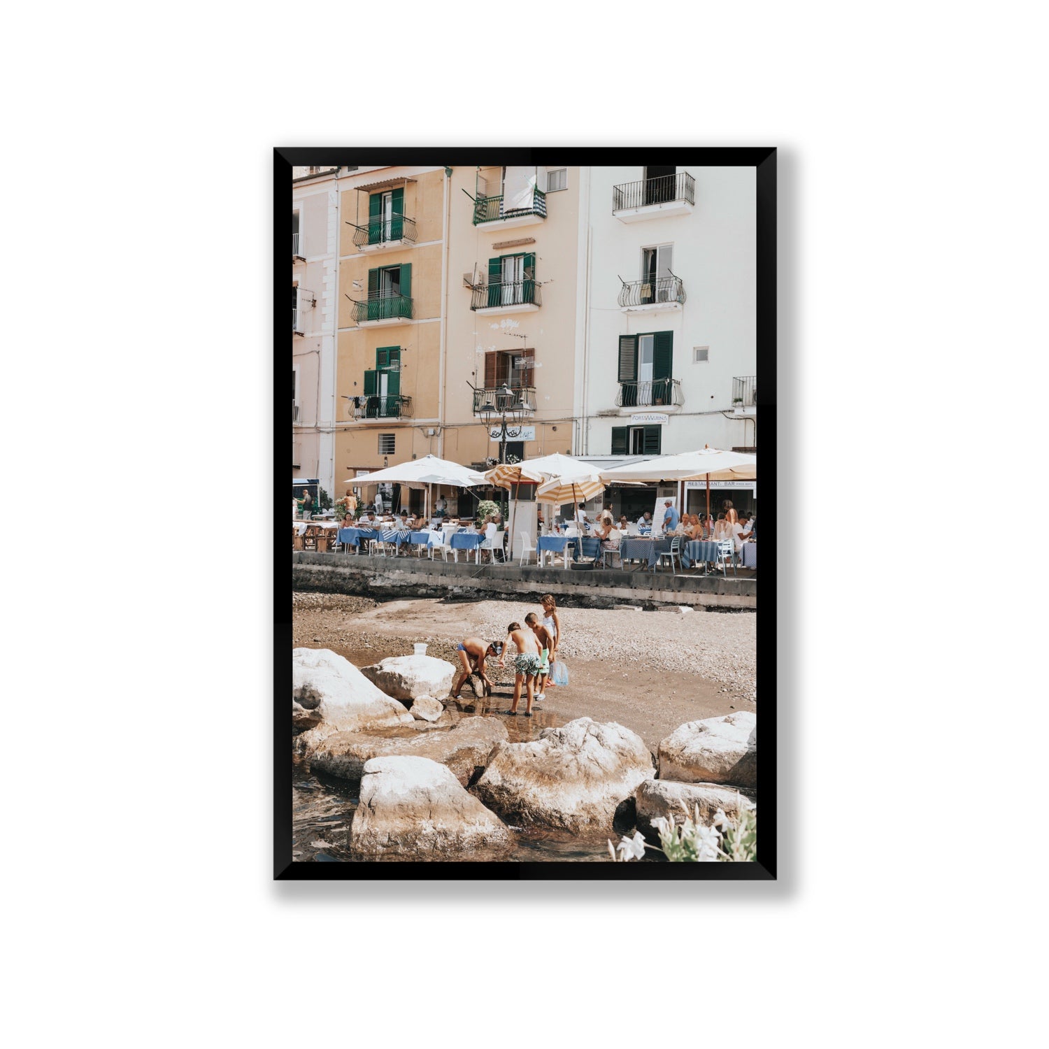 Sunny Playtime Sorrento coastal wall art Giant full-bleed fine art print in black frame