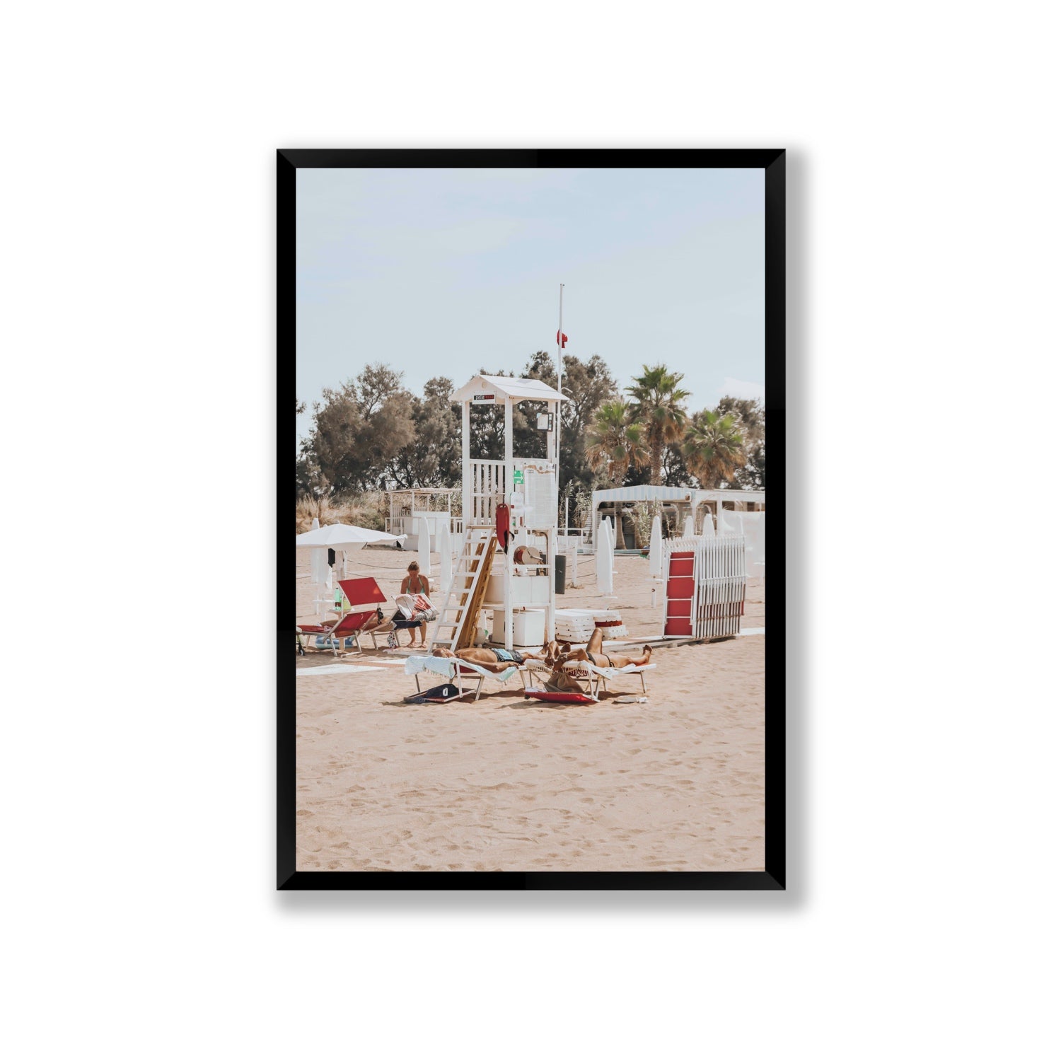 Red Lounge Reverie Puglia beach coastal wall art Giant full-bleed fine art print in black frame